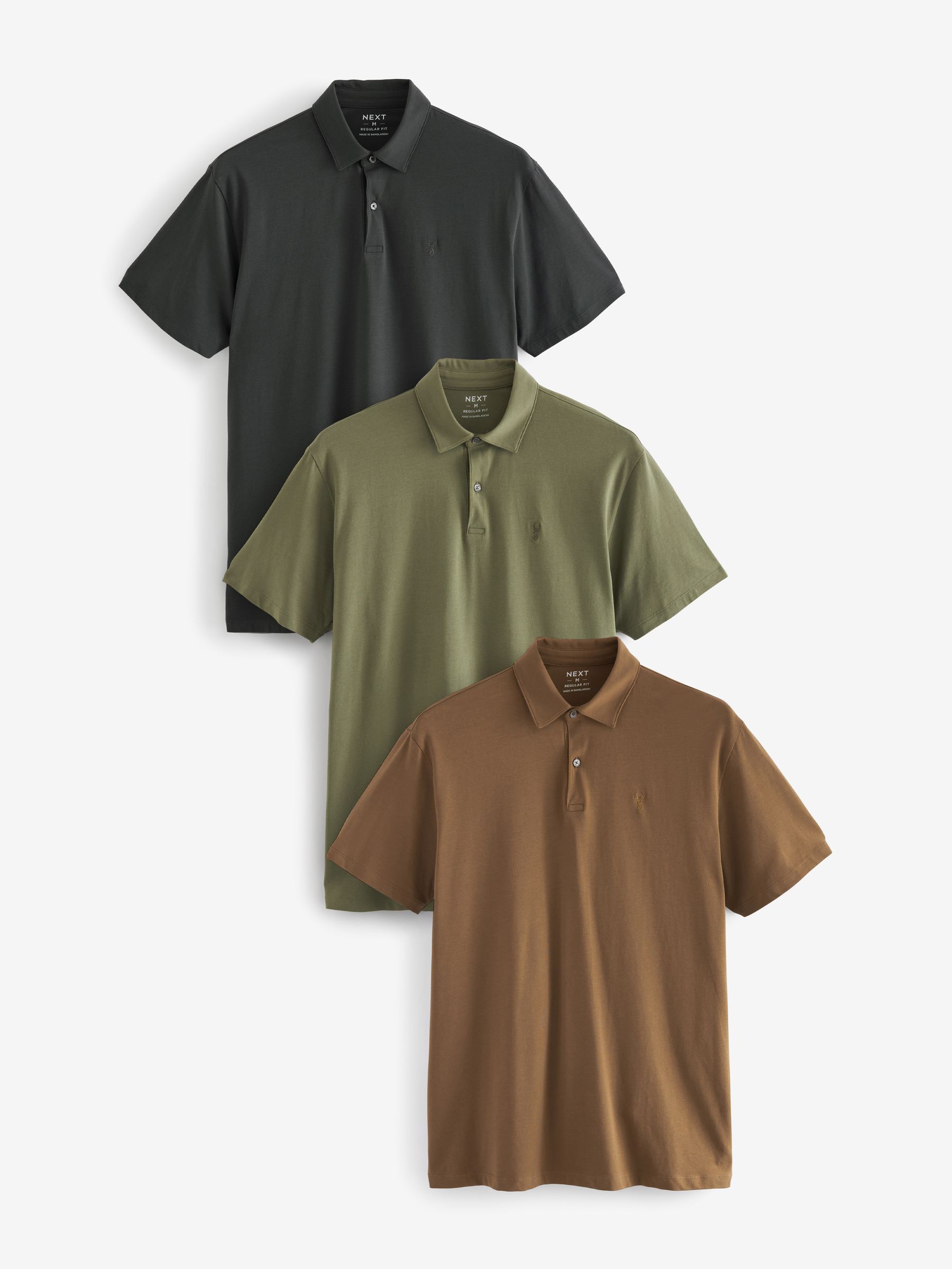 Sage Green/Grey/Rust Brown Regular Fit Short Sleeve Jersey Polo Shirts 3 Pack
