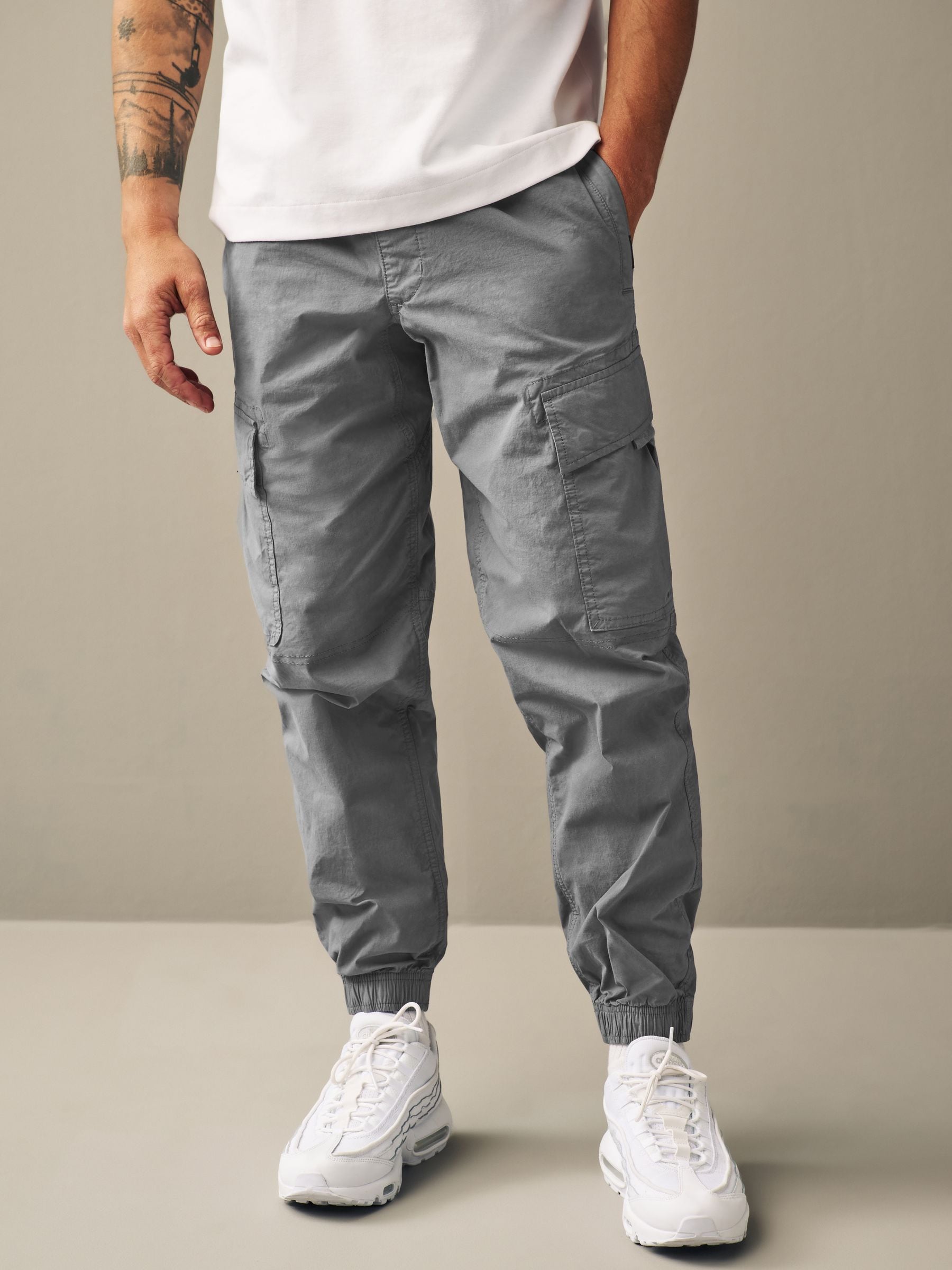 Light Blue Grey Regular Tapered Fit Stretch Utility Cargo Trousers