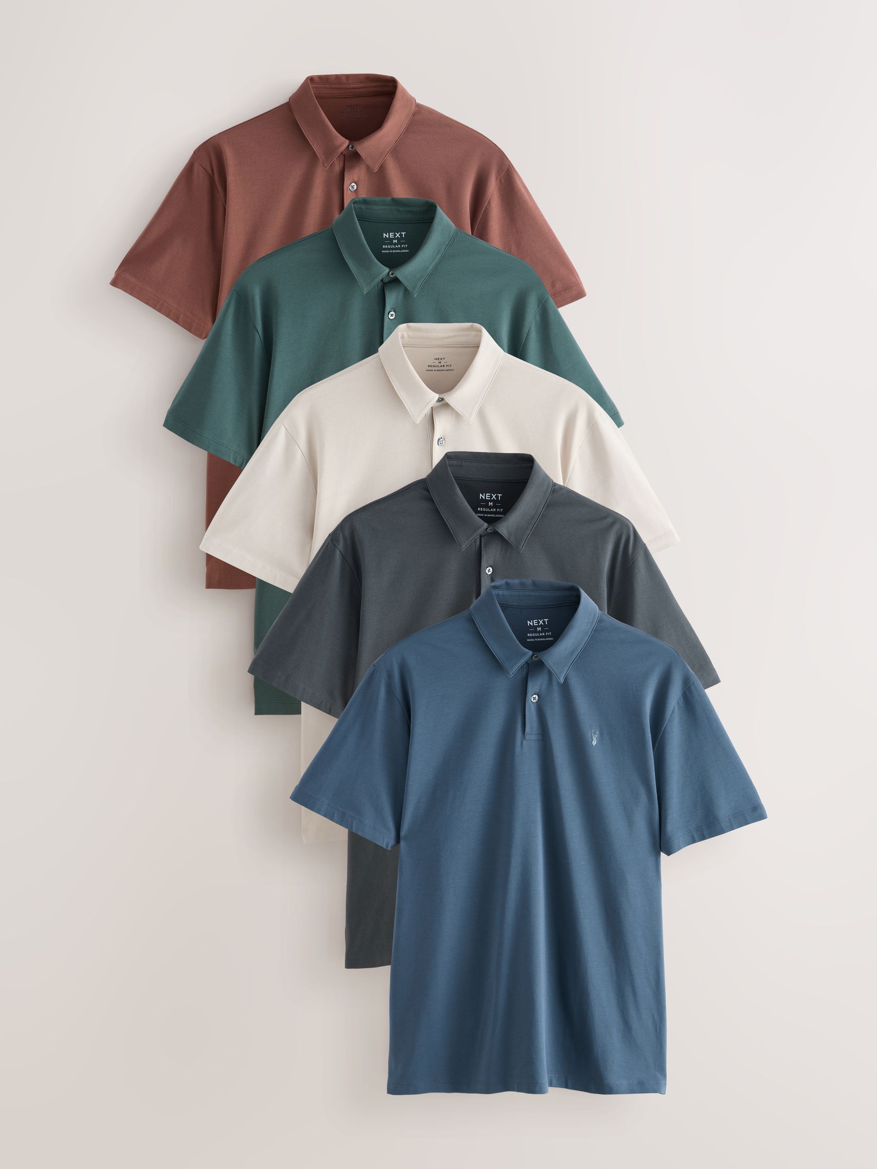 Grey / Blue / Green / Red / Stone Regular Fit Short Sleeve Jersey Polo Shirts 5 Pack