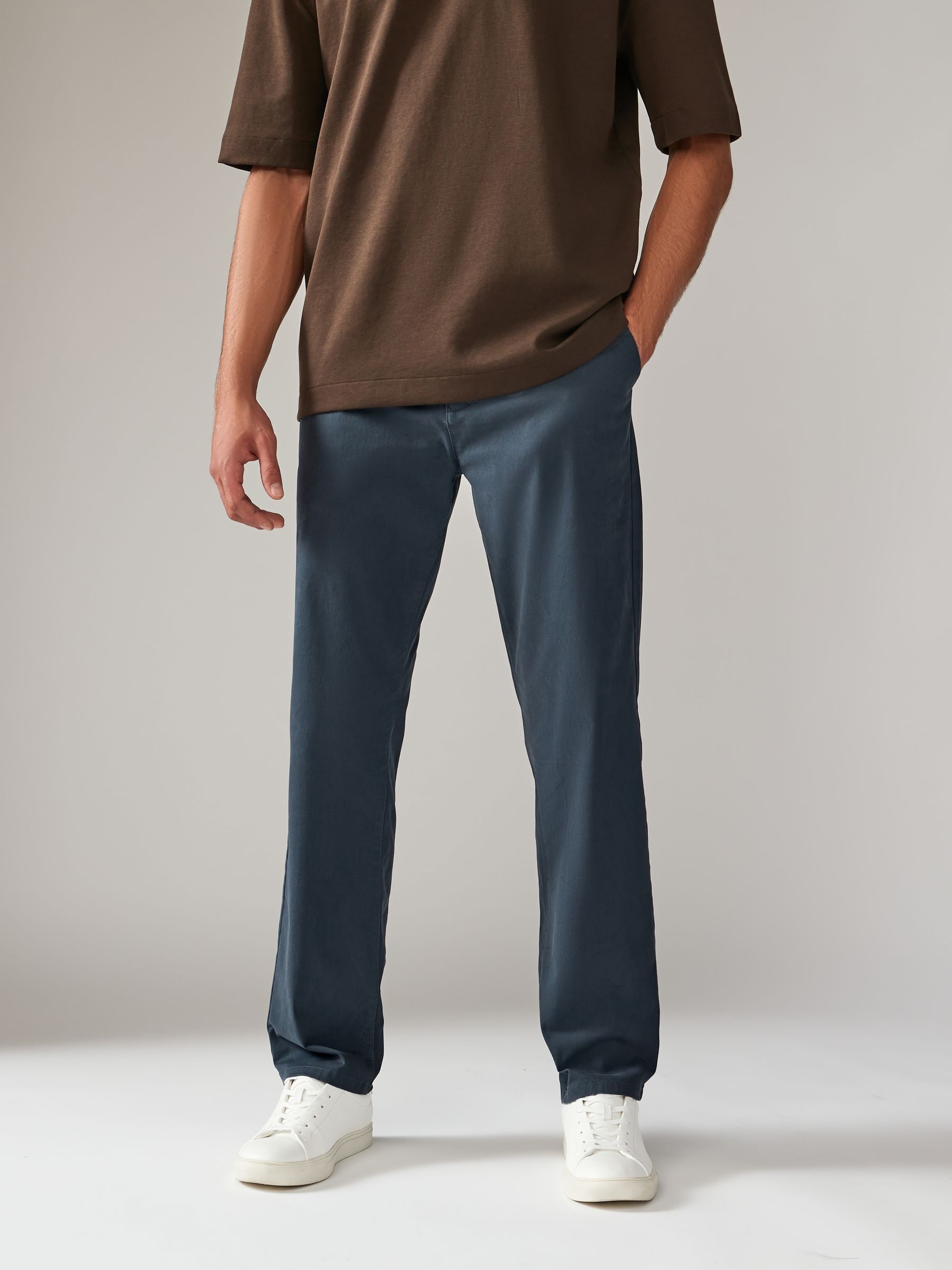 Blue Grey Mid Straight Fit Stretch Chinos Trousers