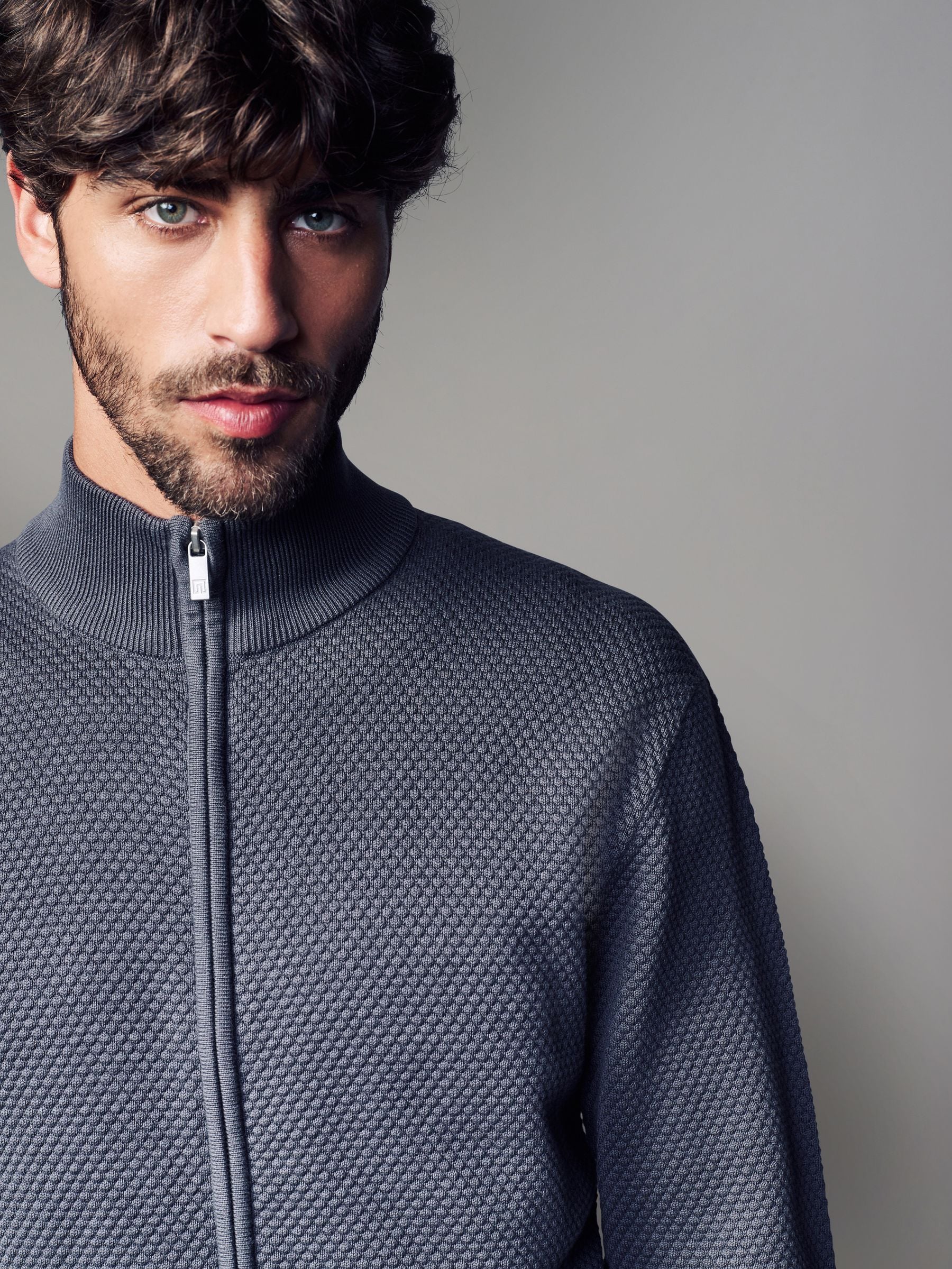 Blue Regular Fit Texture 100% Cotton Premium Zip Through Jumper