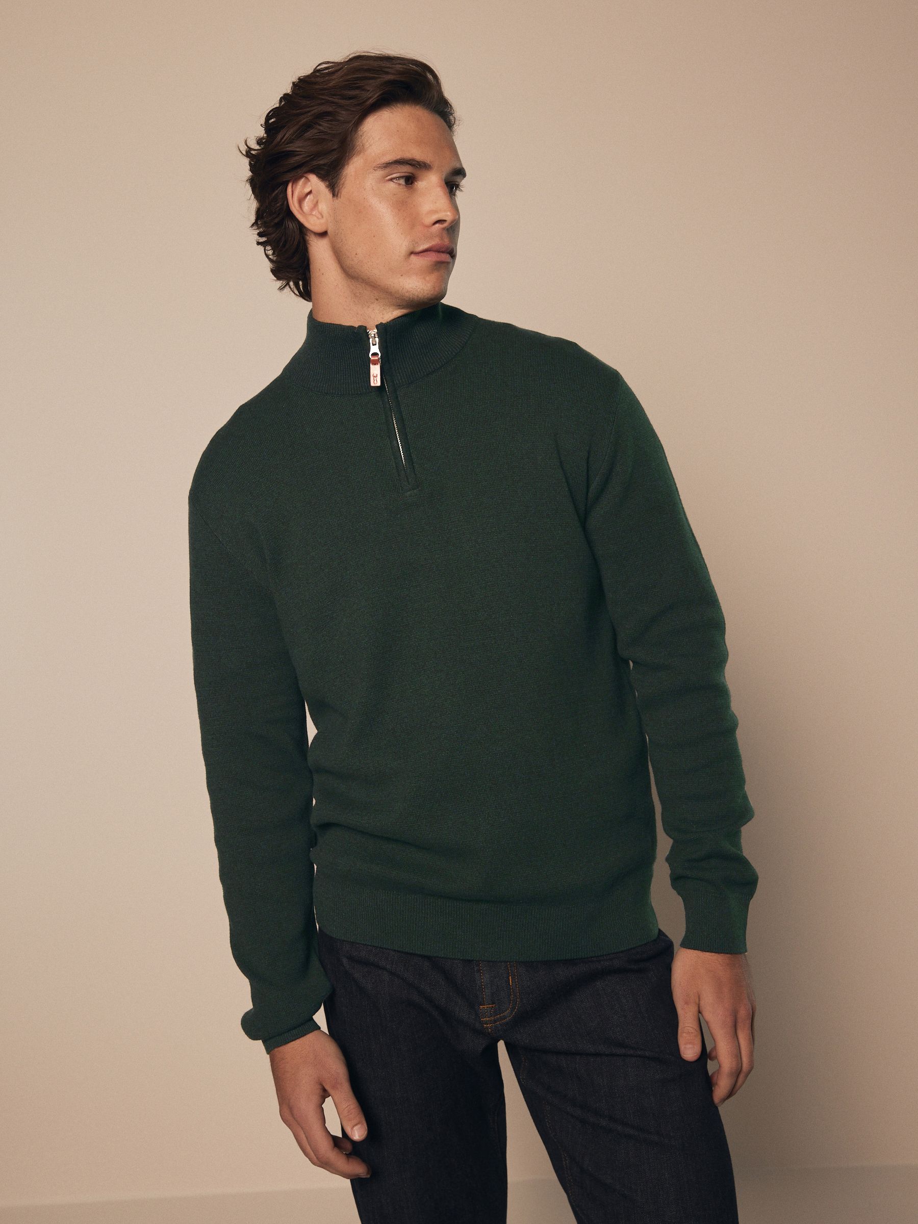 Forest Green Plain Regular Fit 100% Cotton Premium Quarter Zip Jumper