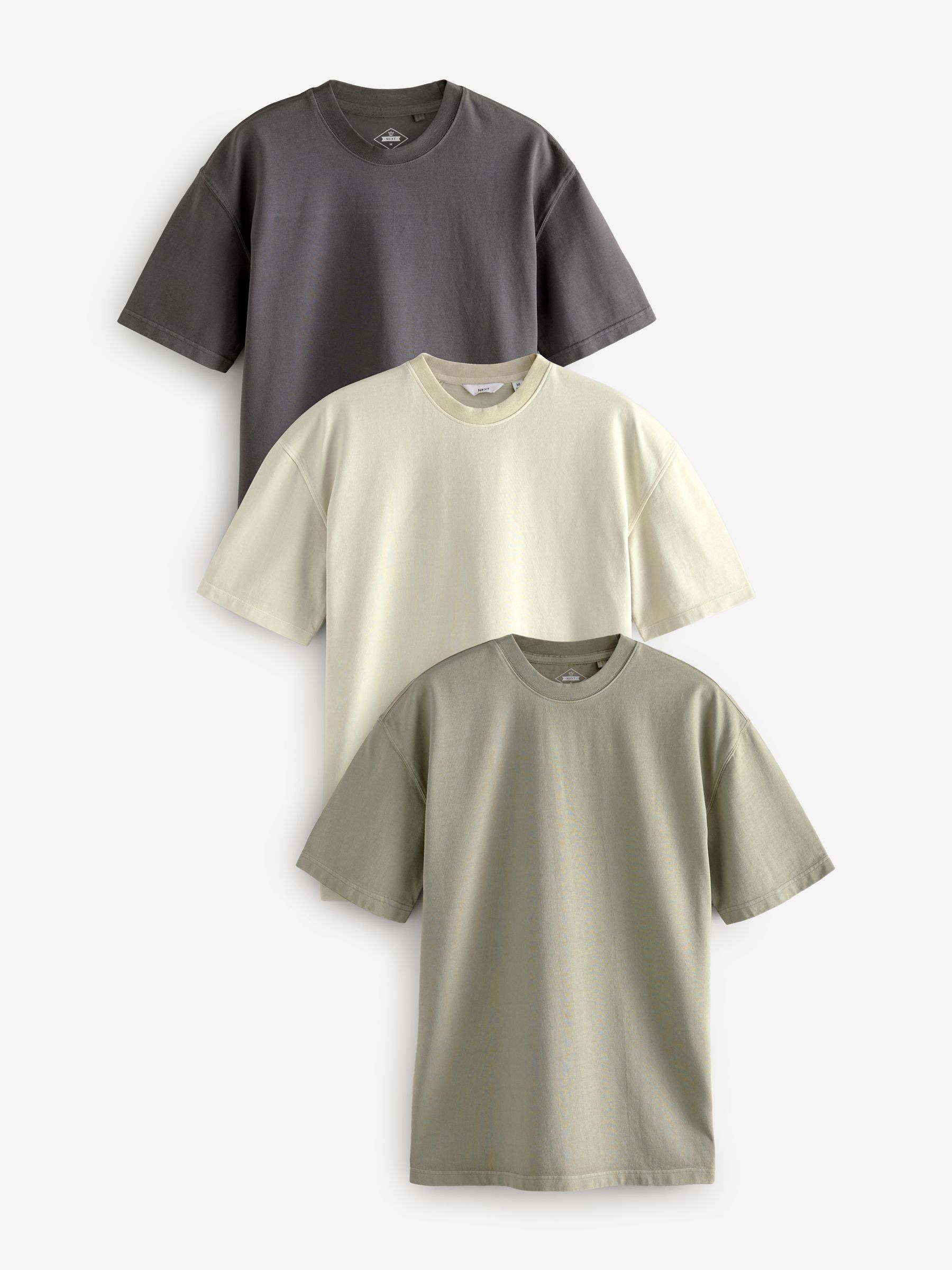 Relaxed Fit Heavyweight T-Shirts 3 Pack Charcoal Grey/Green/Ecru Garment Dye