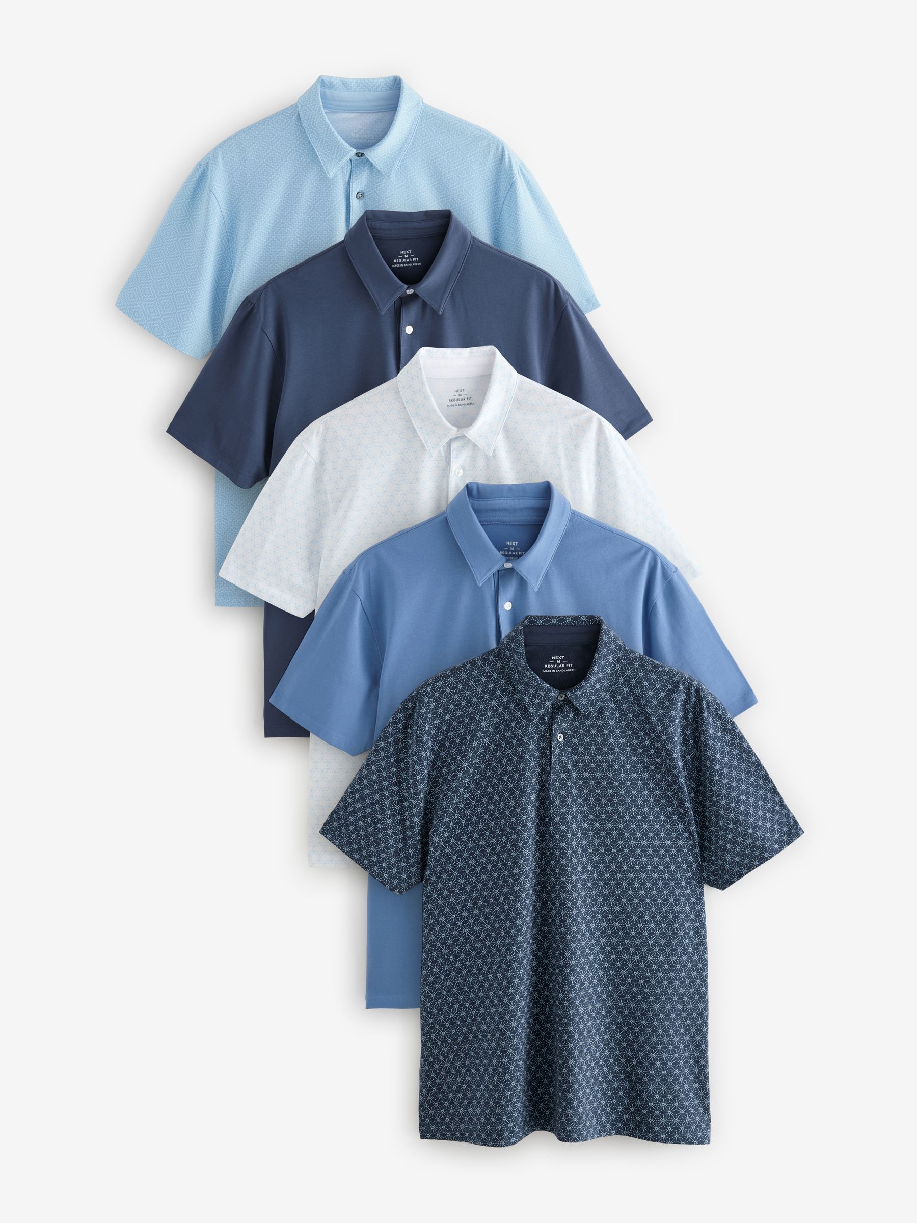 Blue Geo / Blue Plains Regular Fit Short Sleeve Jersey Polo Shirts 5 Pack