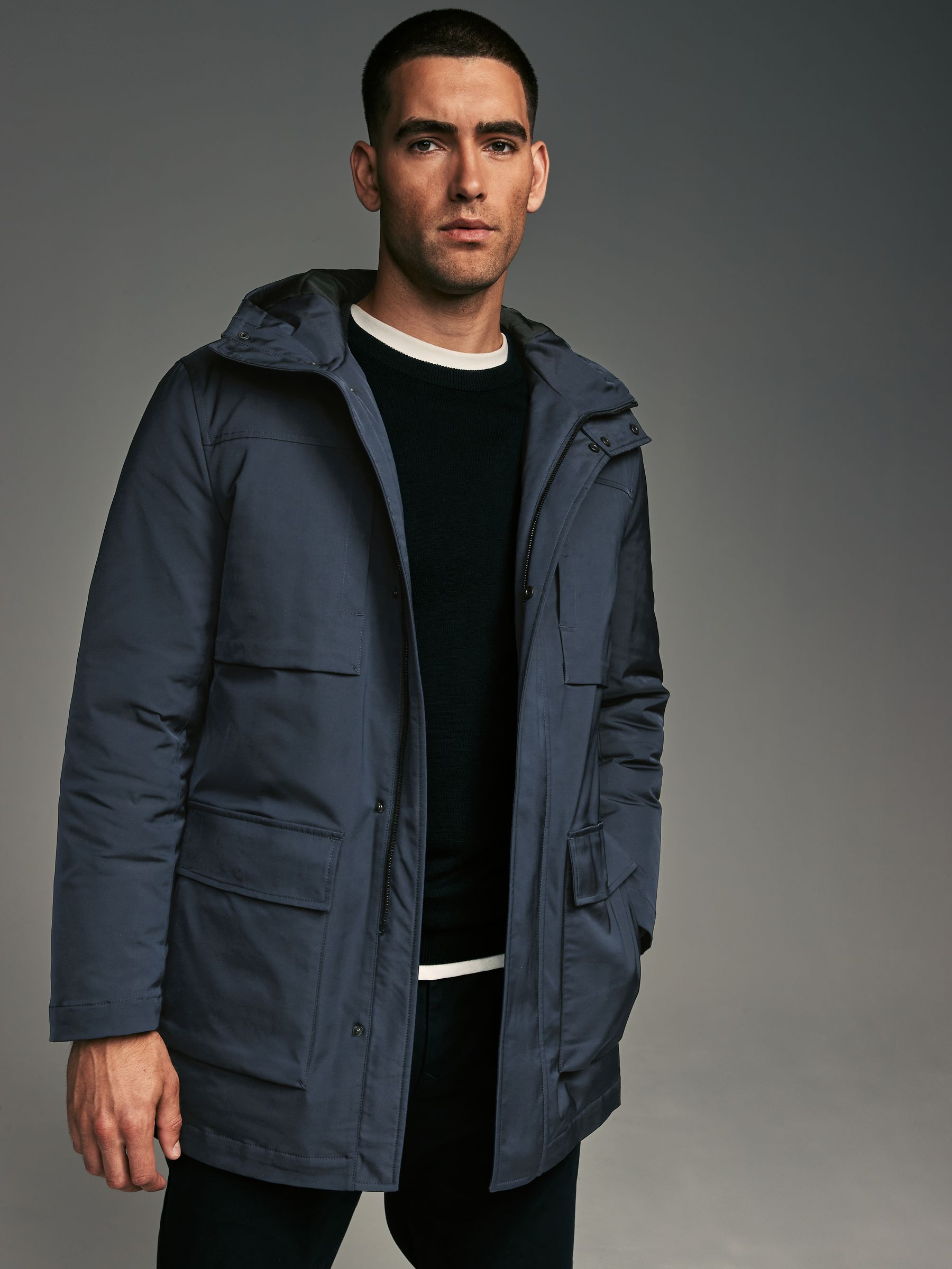 Navy Blue Shower Resistant Padded 4 Pocket Parka Coat