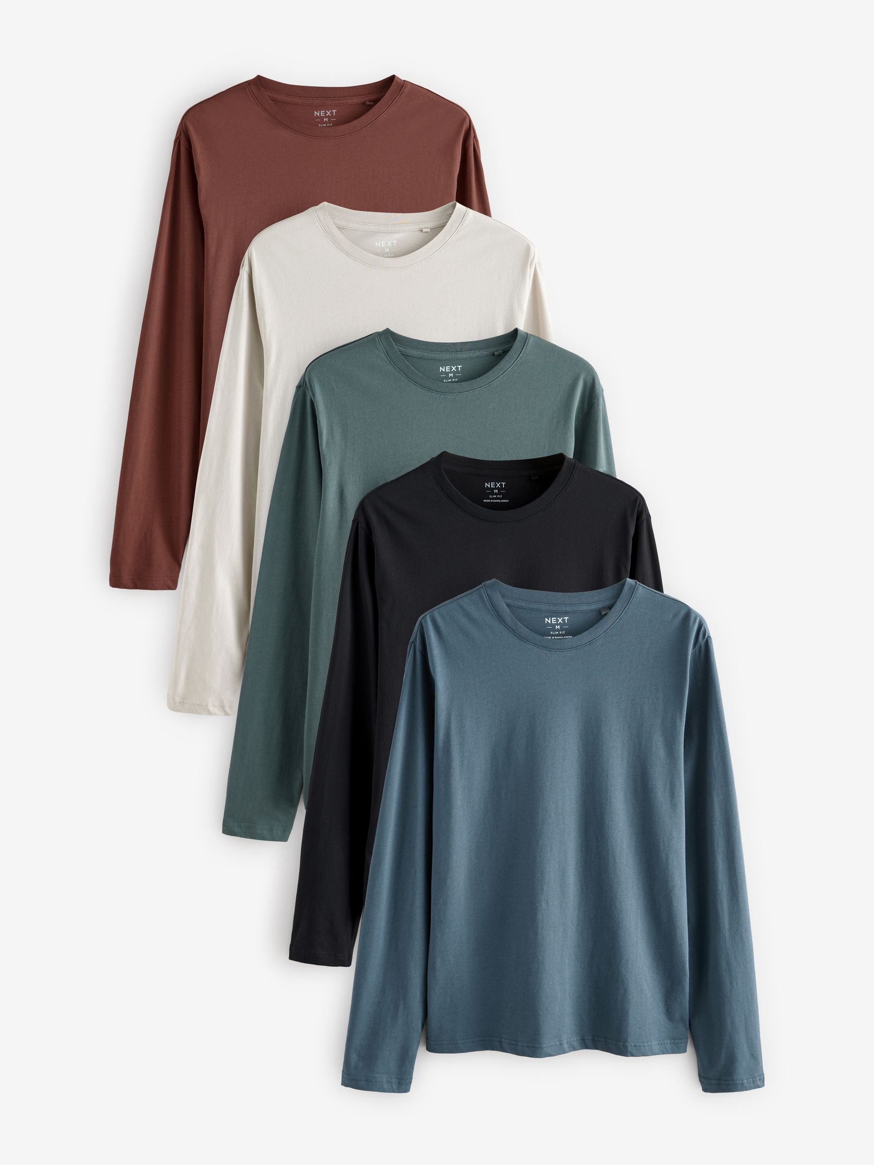 Black/Green/Navy/Brown/Grey Slim Fit Regular Fit Long Sleeve 100% Cotton T-Shirts 5 Pack