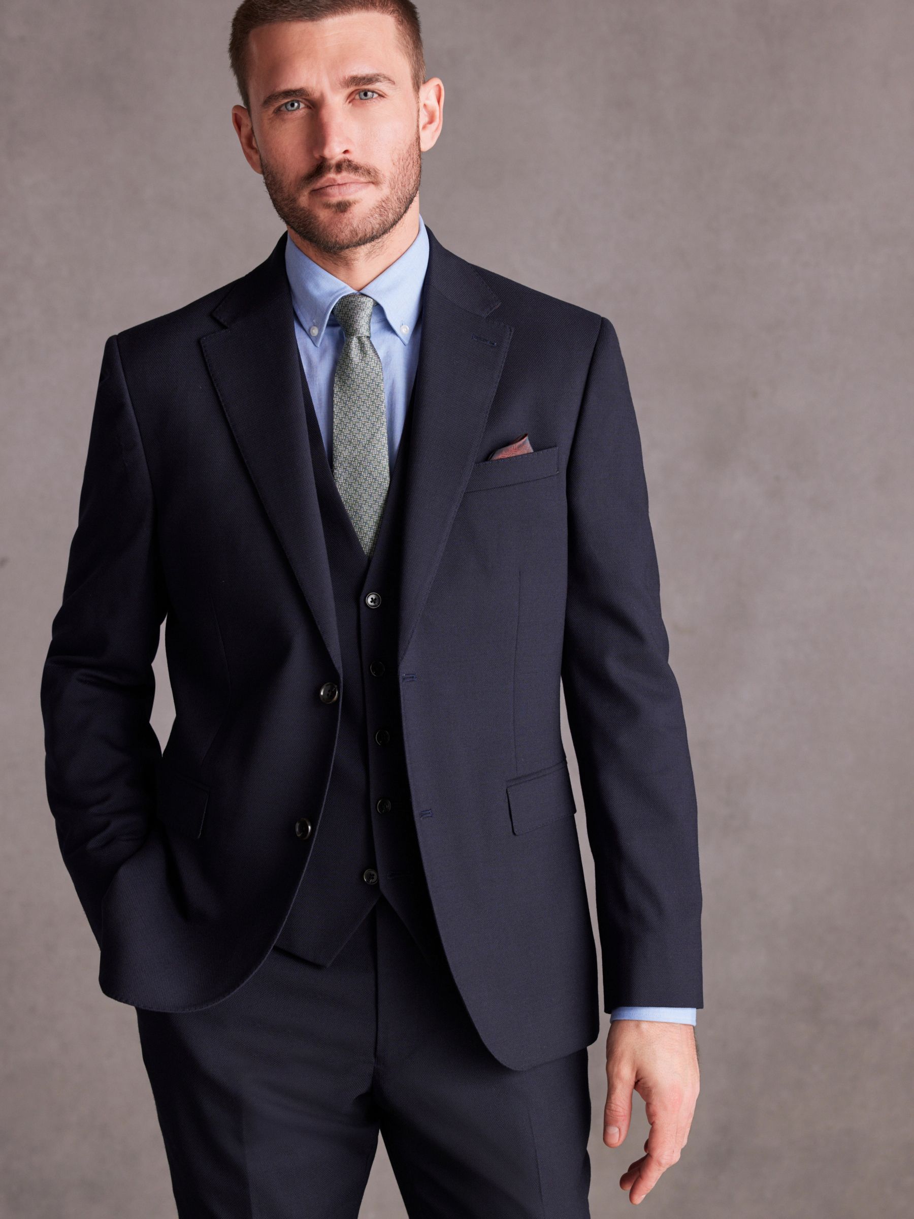 Navy Blue Slim Fit Signature Tollegno Italian Wool Textured Suit Jacket