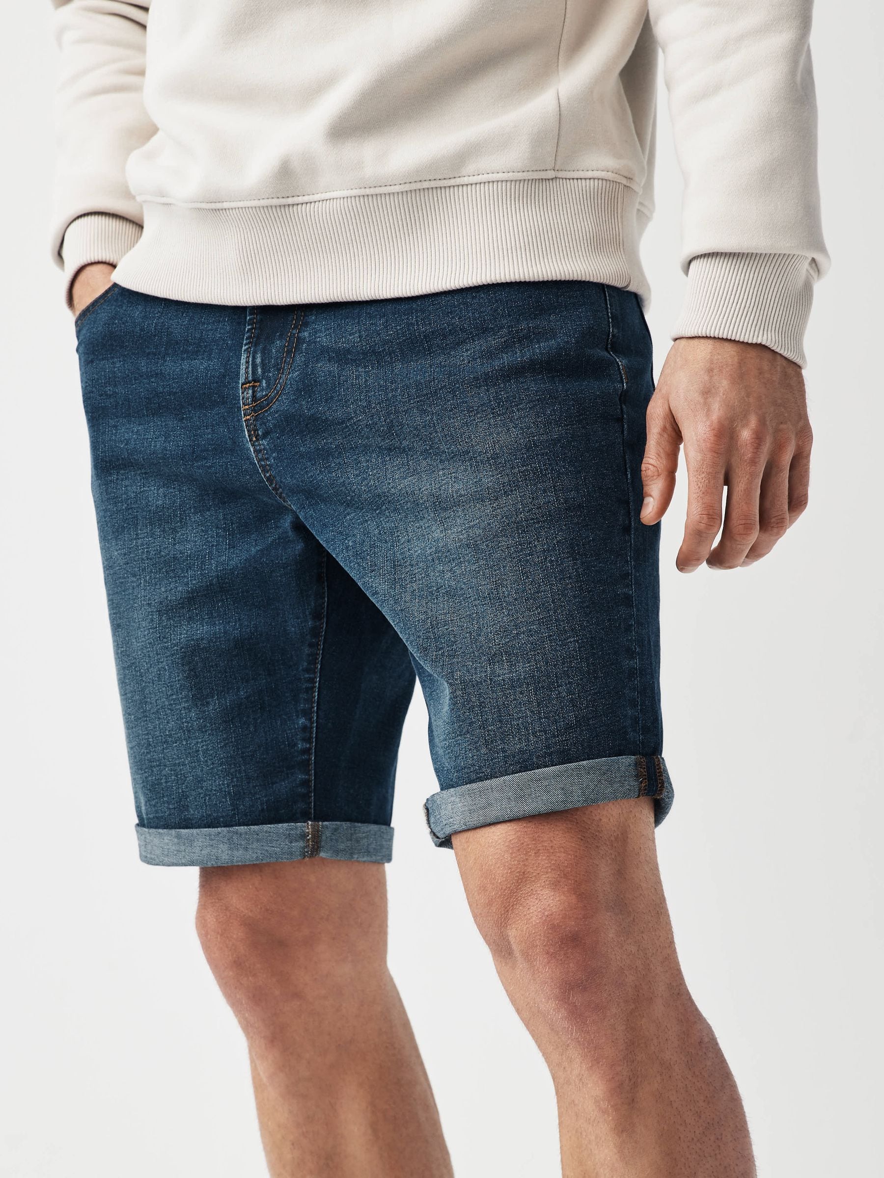 Mid Blue Straight Fit Stretch Denim Shorts
