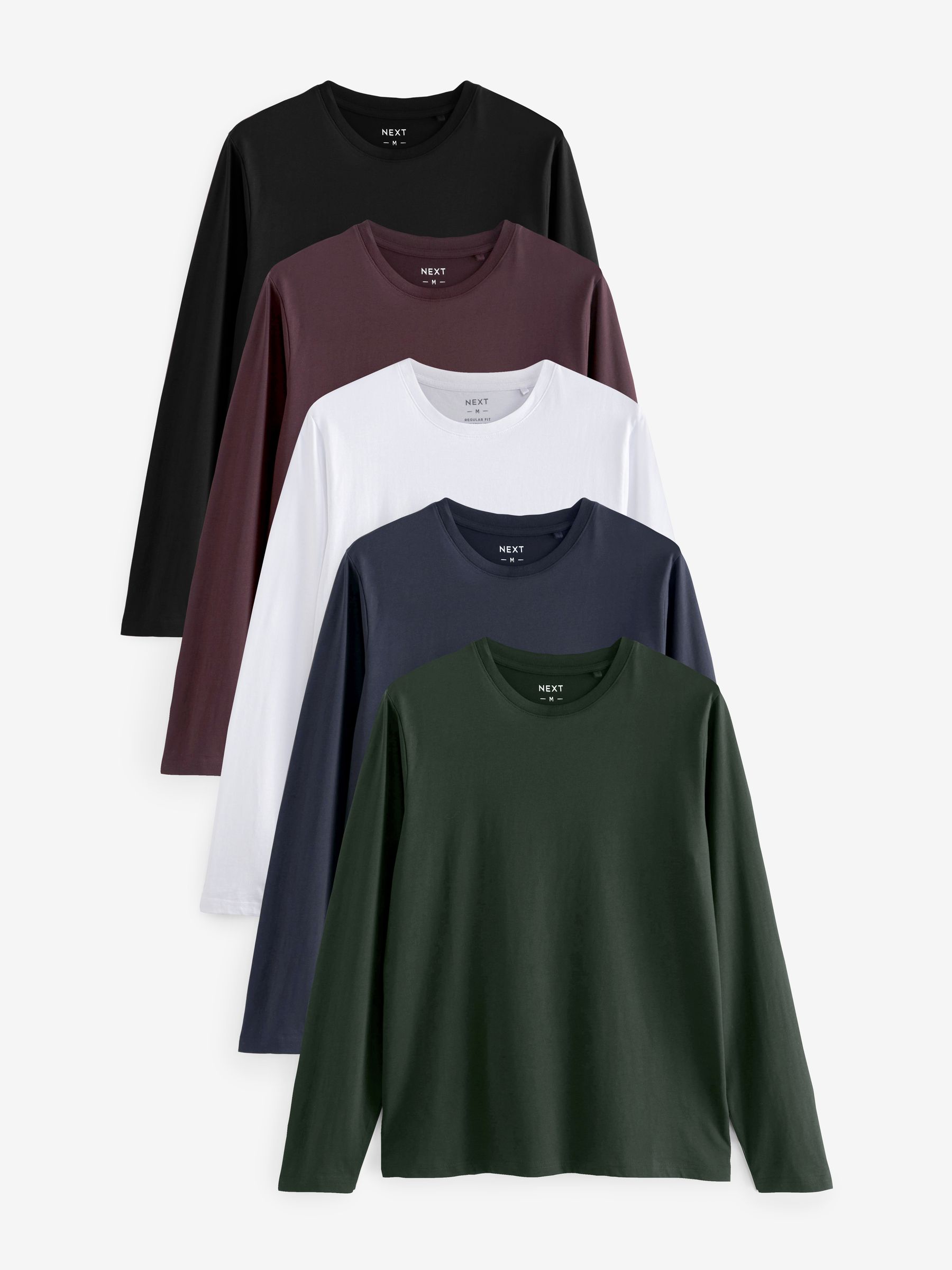 Black/White/Navy Blue/Green/Burgundy Red Regular Fit Regular Fit Long Sleeve 100% Cotton T-Shirts 5 Pack