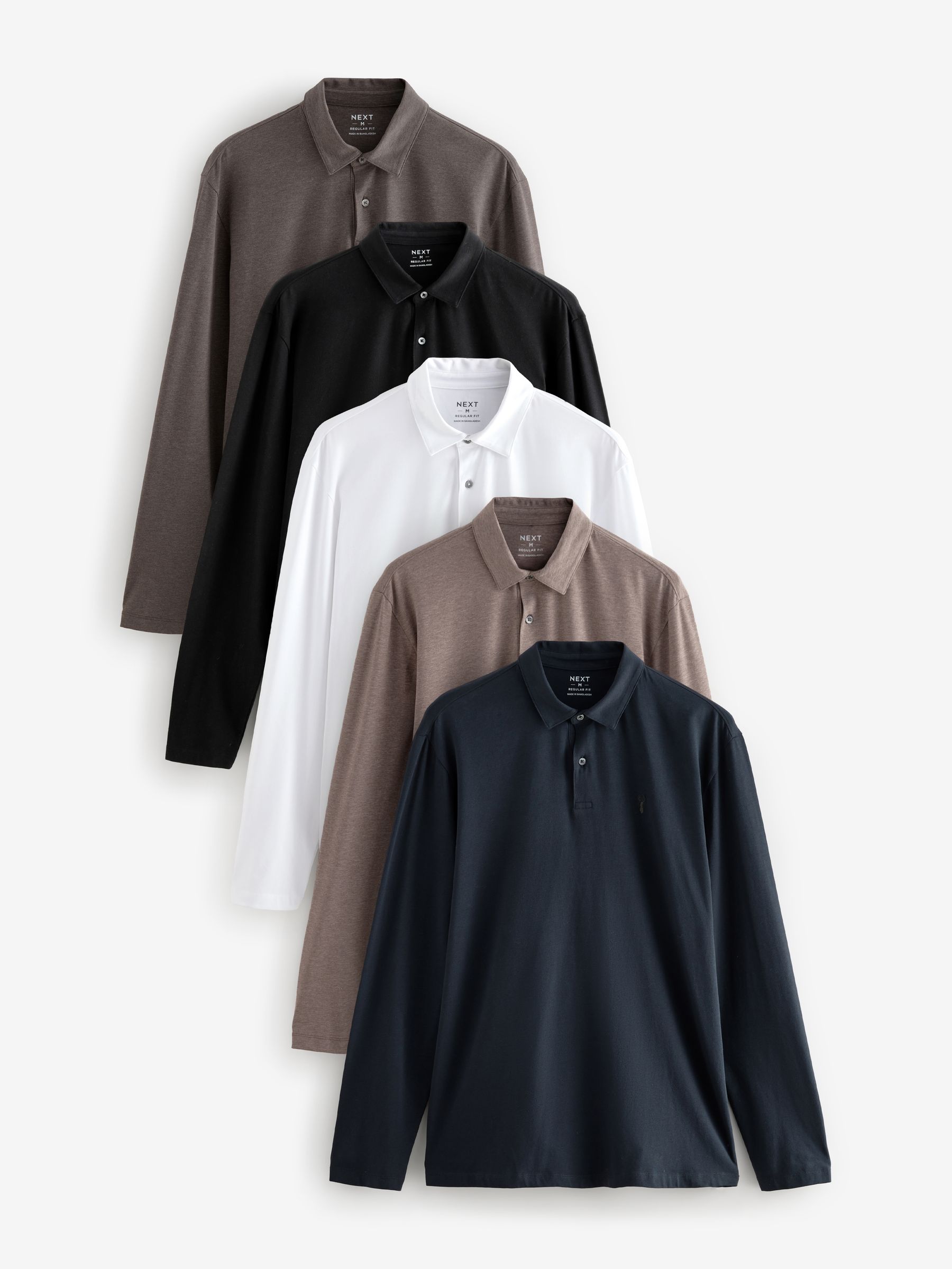 Black/White/Navy/Neutrals Long Sleeve Jersey Polo Shirts 5 Pack