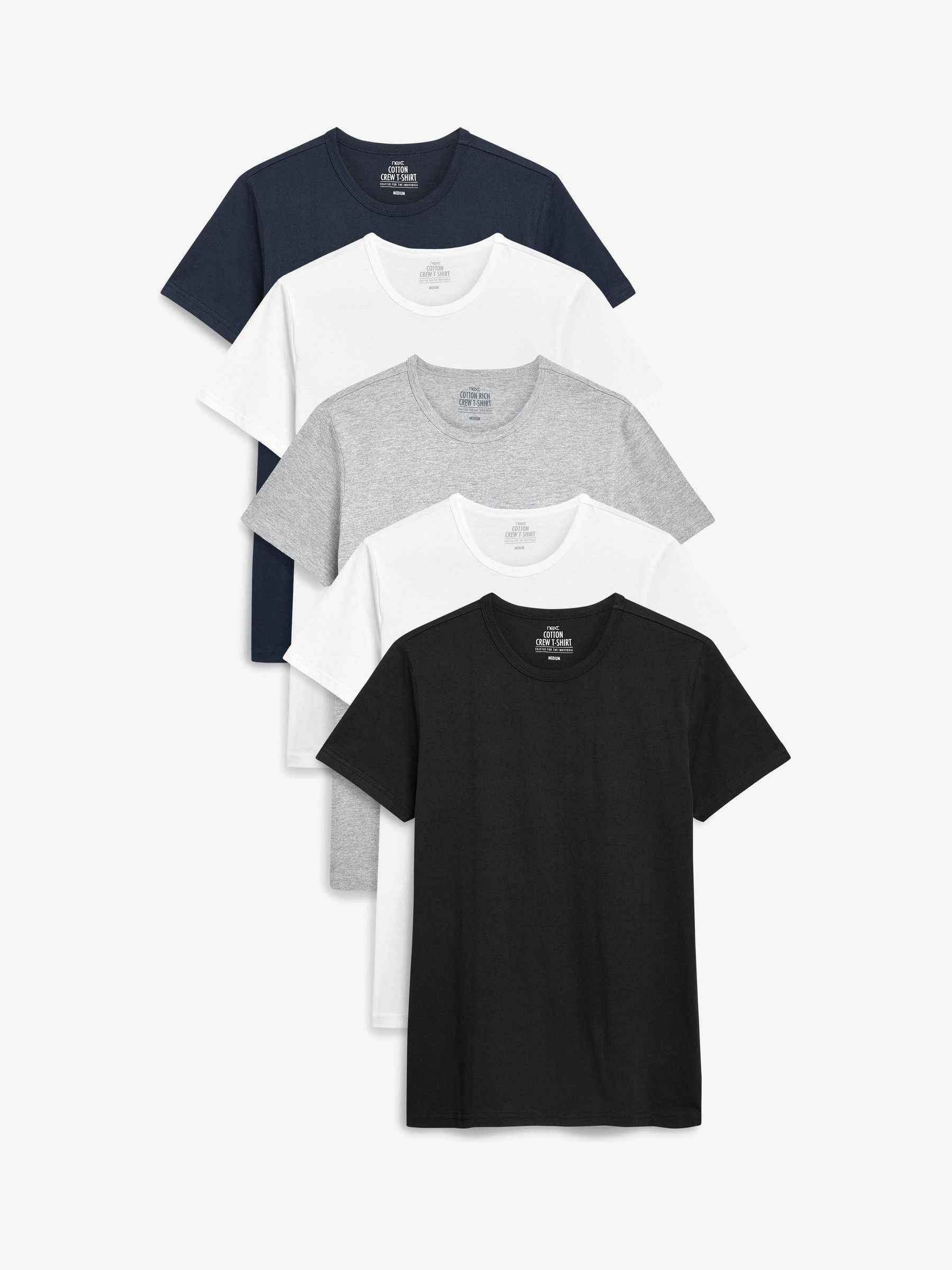 Black/Grey Marl/White/Navy Slim Fit 100% Cotton Underwear T-Shirts 5 Pack