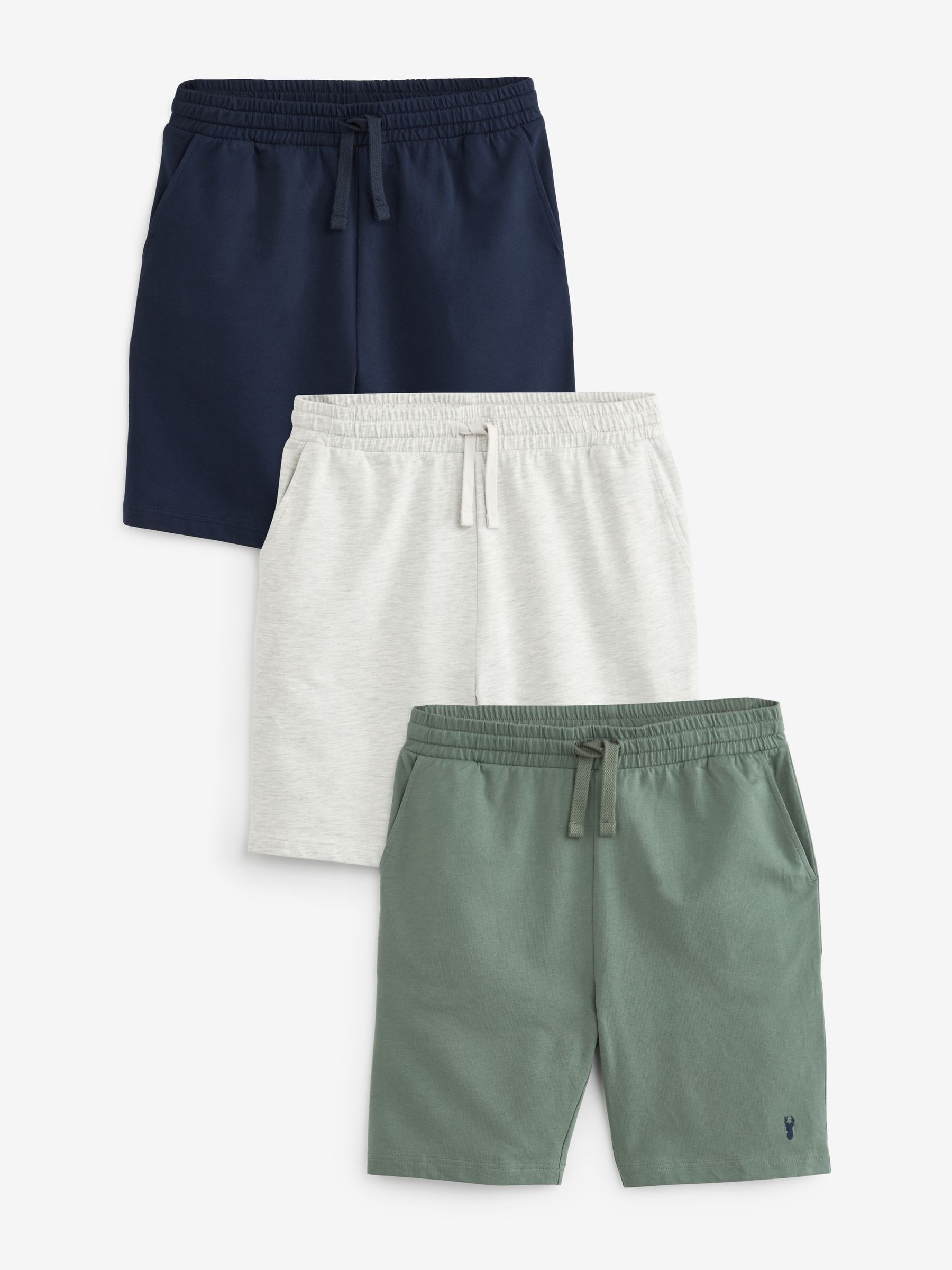 Navy/Green/Ice Grey Lightweight 100% Cotton Shorts 3 Pack