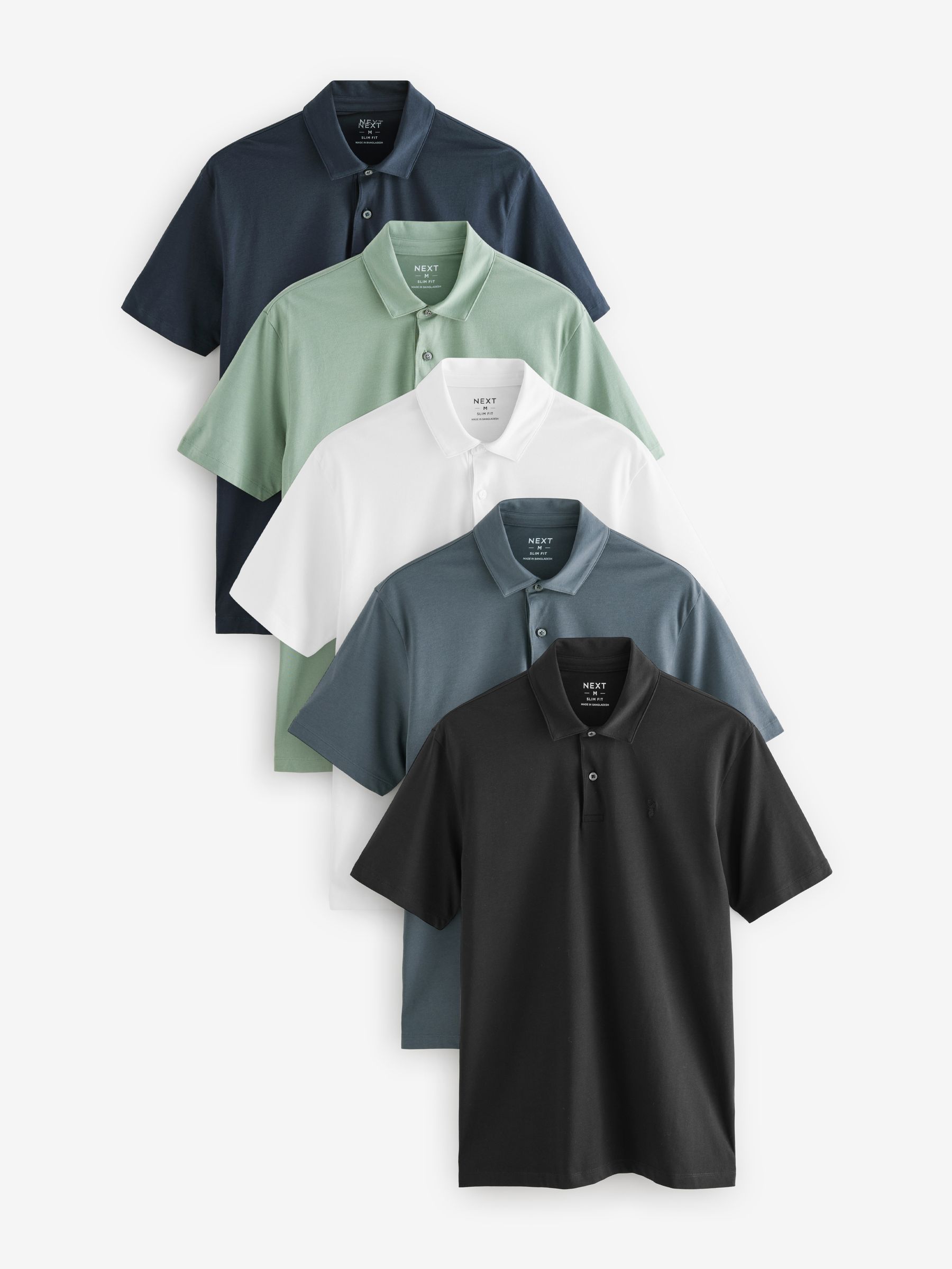 Navy/Black/Grey/White/Sage Green Slim Fit Short Sleeve Jersey Polo Shirts 5 Pack