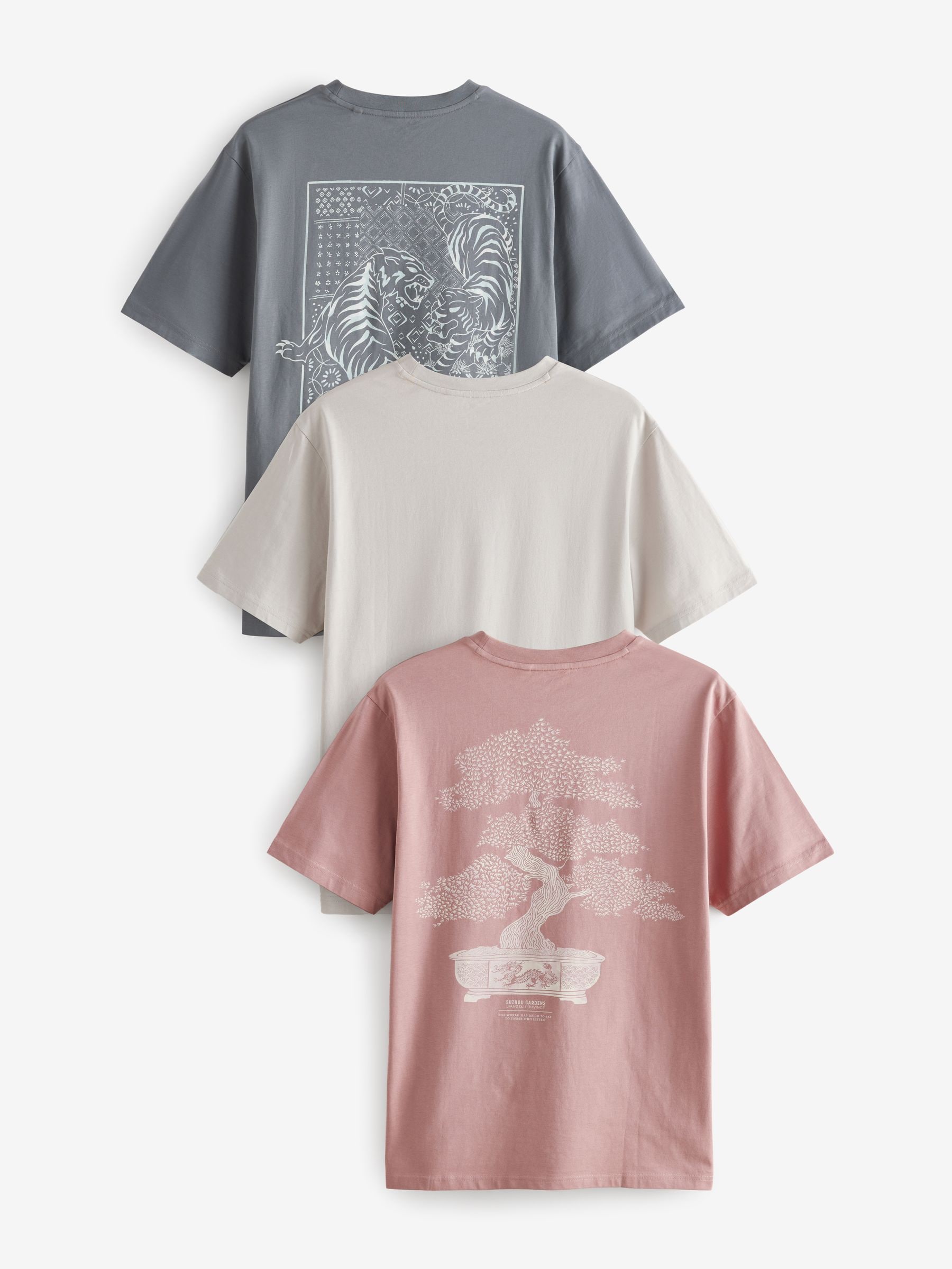 Grey/Pink/Ecru Graphic 100% Cotton T-Shirts 3 Pack
