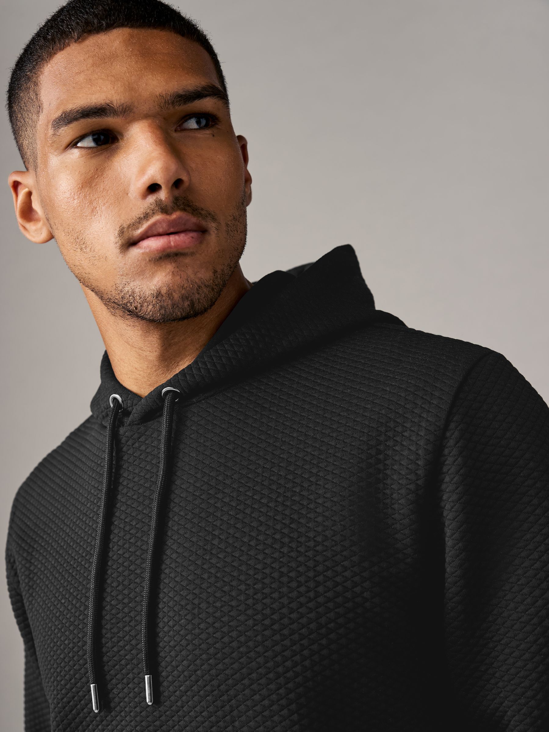 Black Hooded Textured Overhead Hoodie