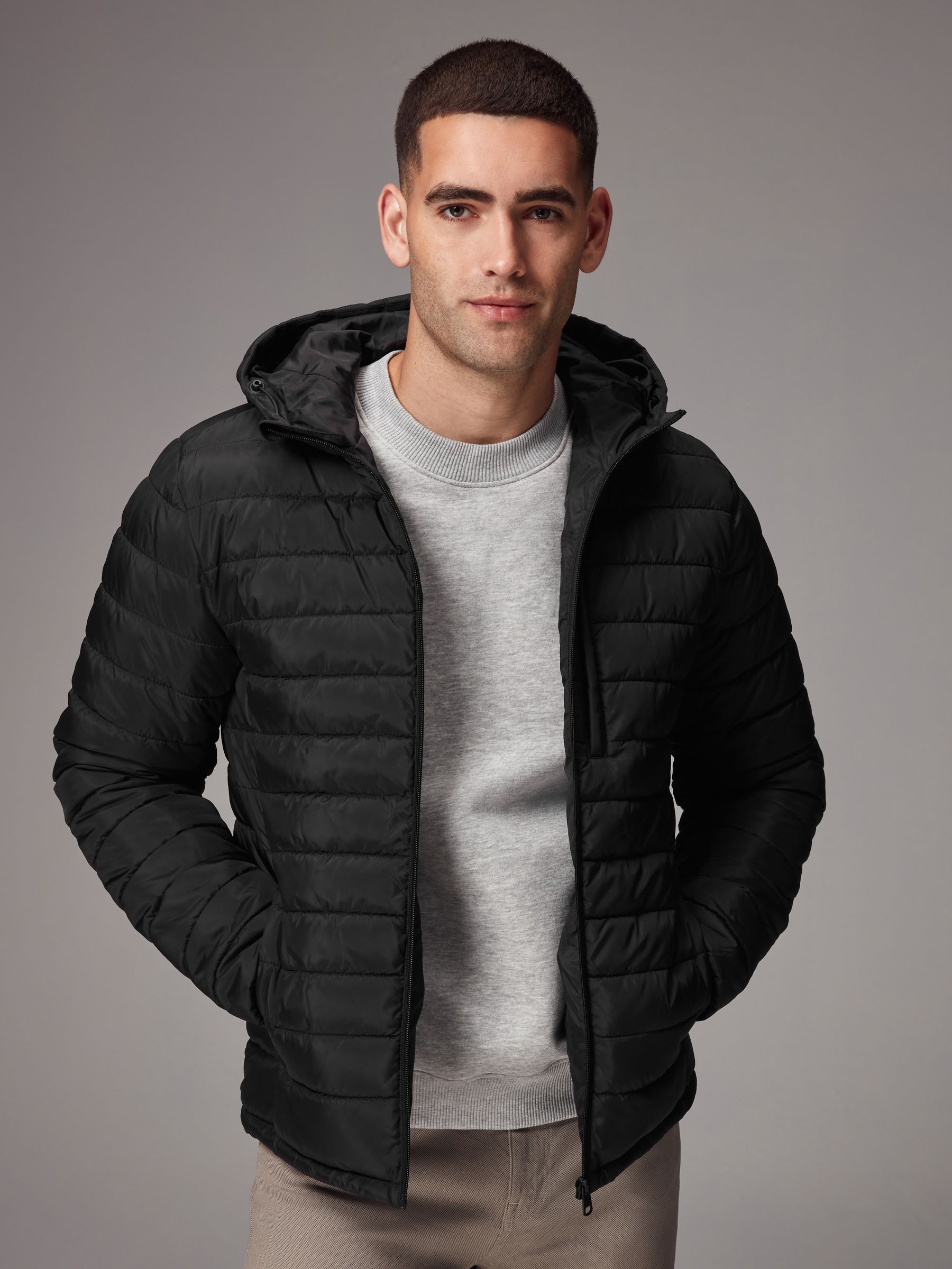 Black Shower Resistant Lightweight Hooded Puffer Coat Jacket