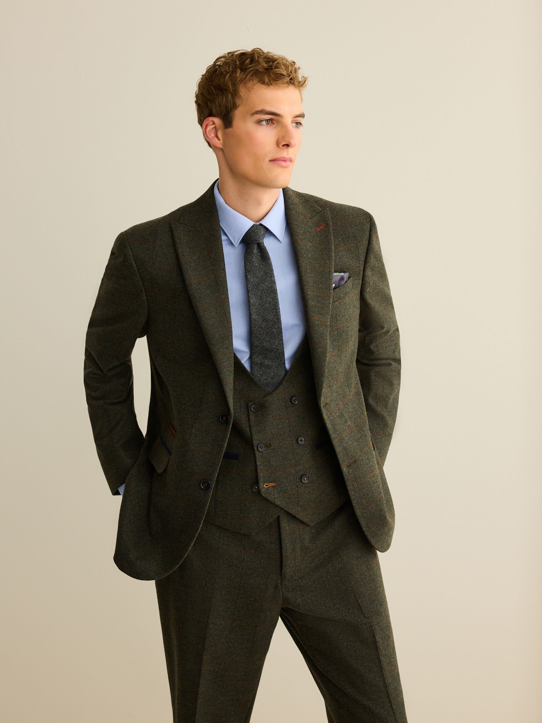 Green Regular Fit Trimmed Check Suit Jacket