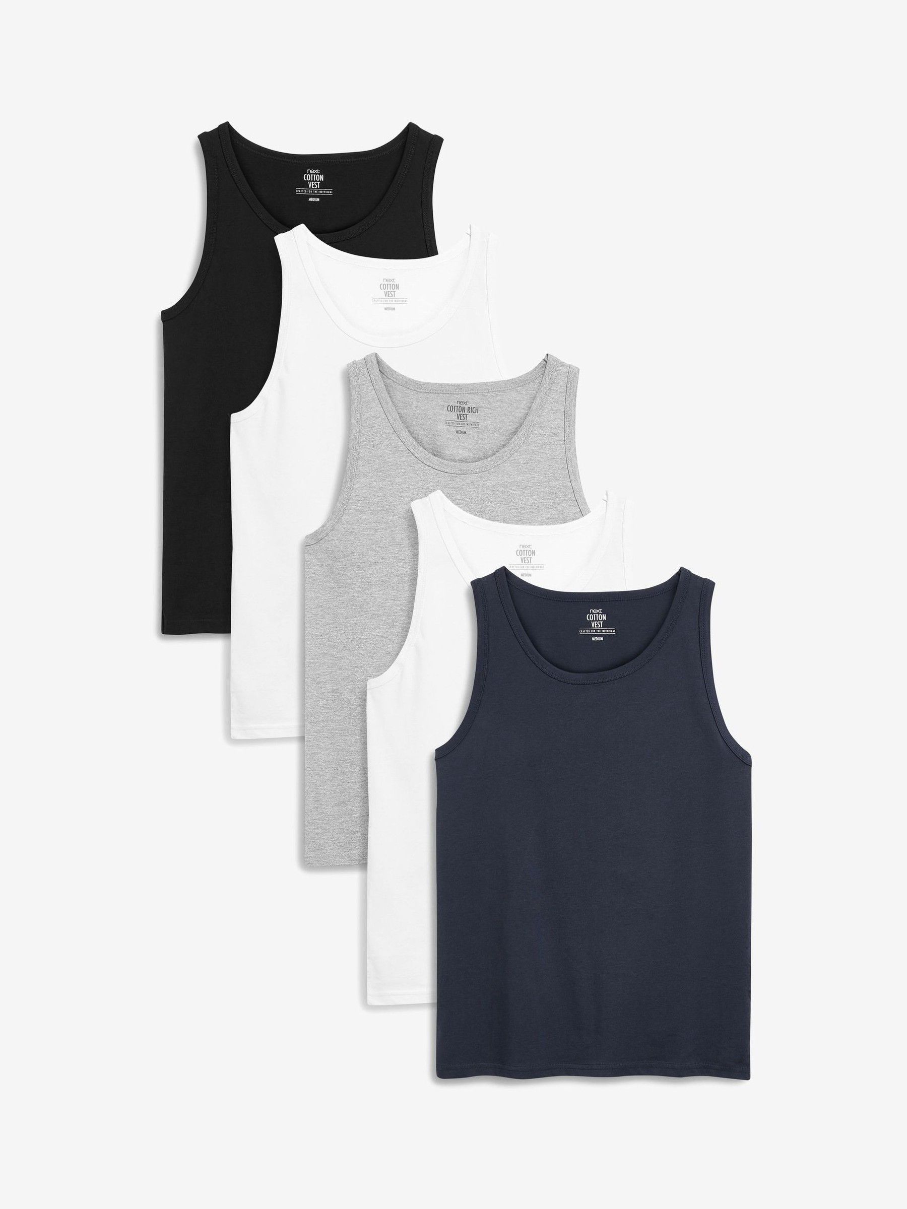 Black/White/Grey Marl/Navy Blue 100% Cotton Vests 5 Pack