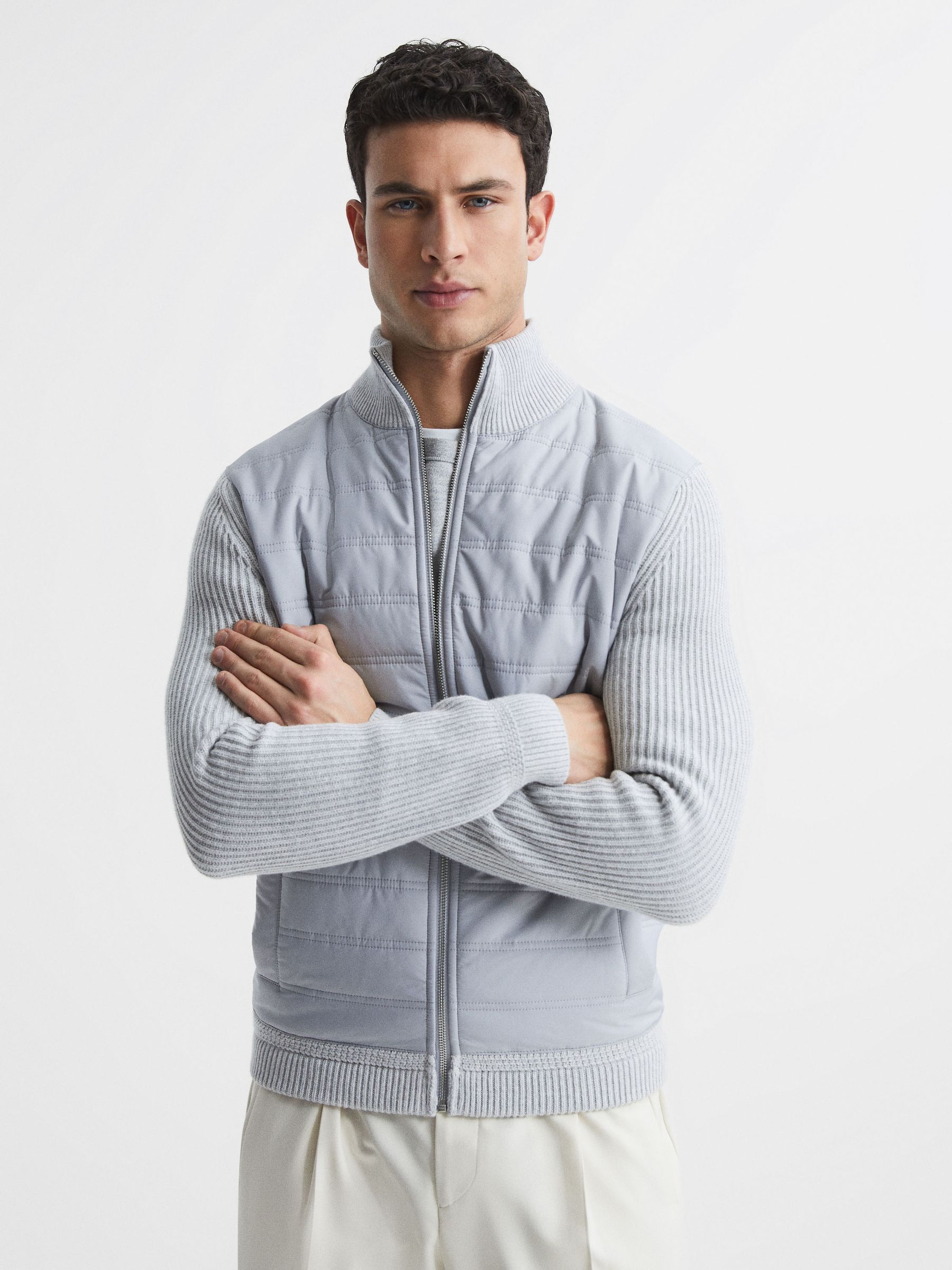 Reiss Soft Grey Trainer Hybrid Quilt and Knit Zip-Through Jacket