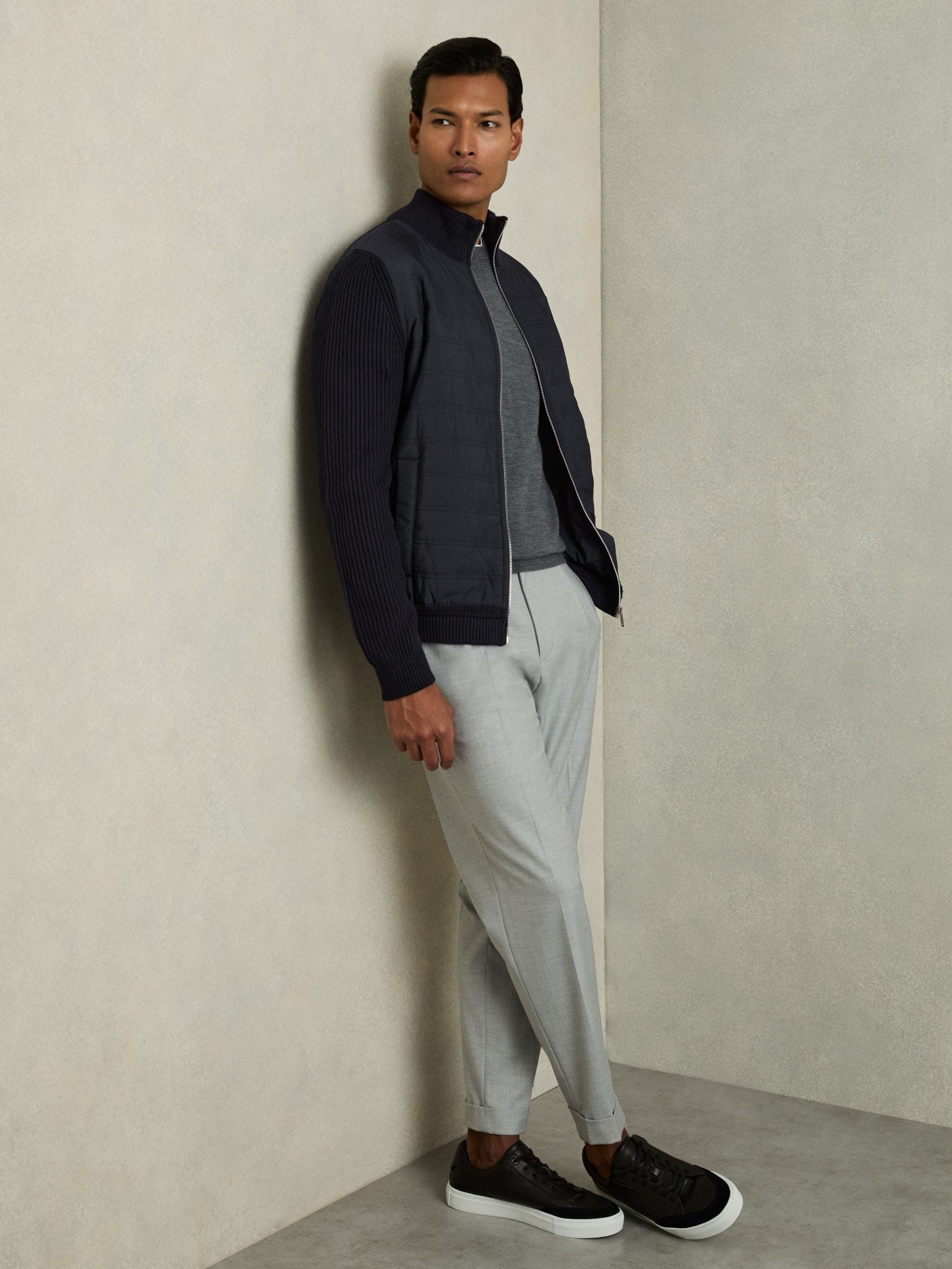 Reiss Navy Trainer Hybrid Quilt and Knit Zip-Through Jacket