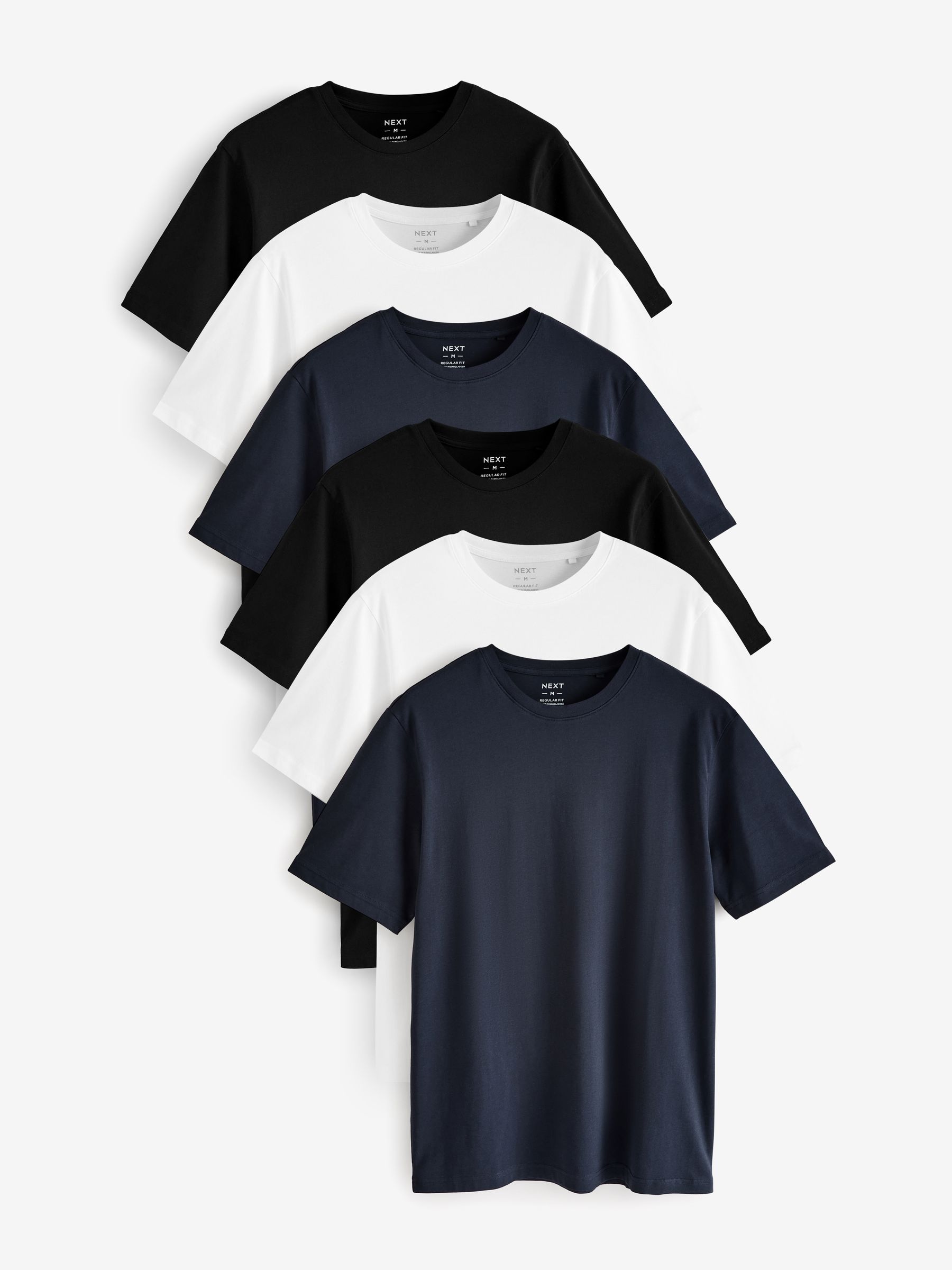 White/Black/Navy Regular Fit Essential Cotton T-Shirts 6 Pack