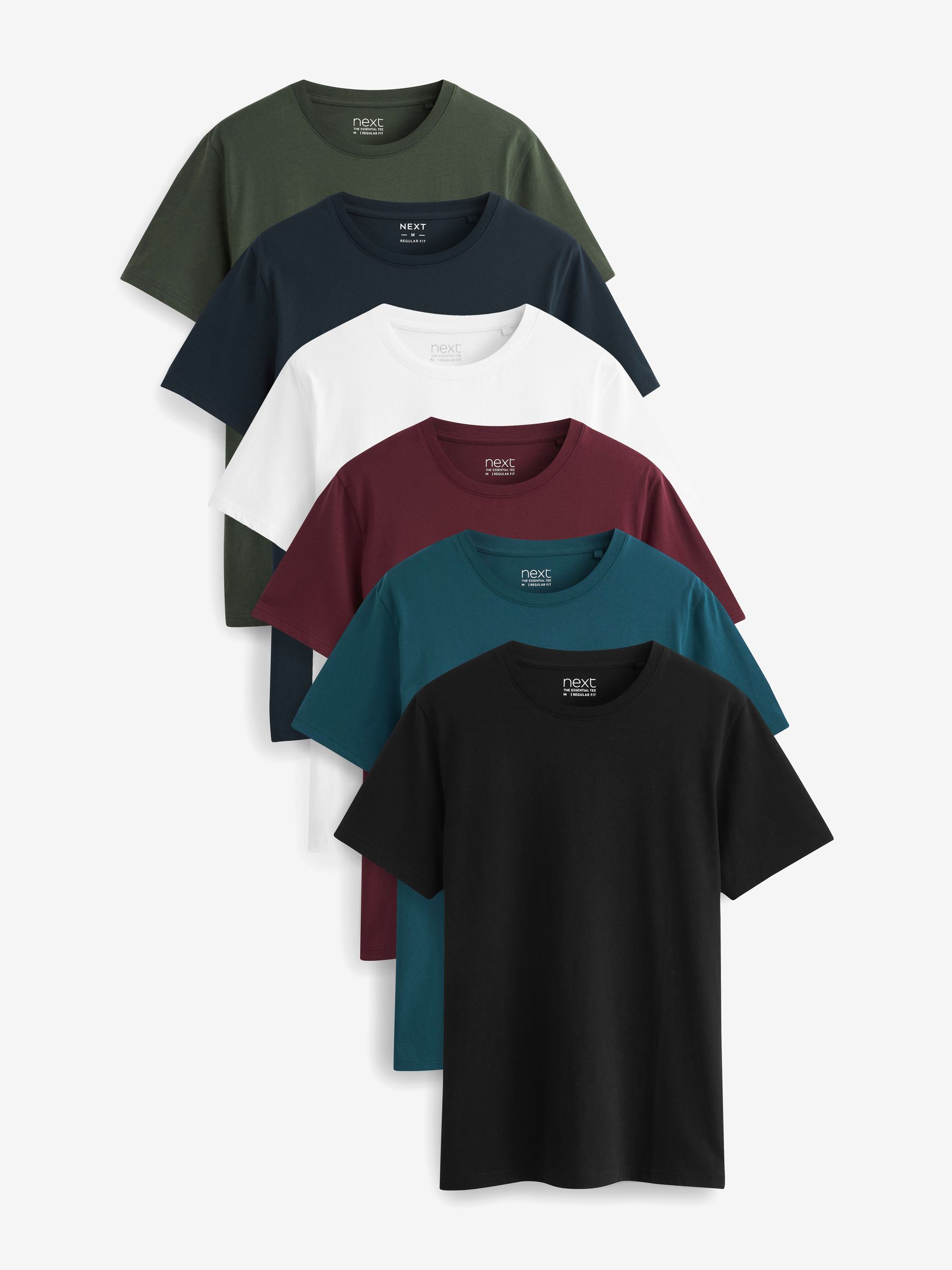 Navy/ Teal/ White/ Black/ Green/ Burgundy Regular Fit Essential Cotton T-Shirts 6 Pack