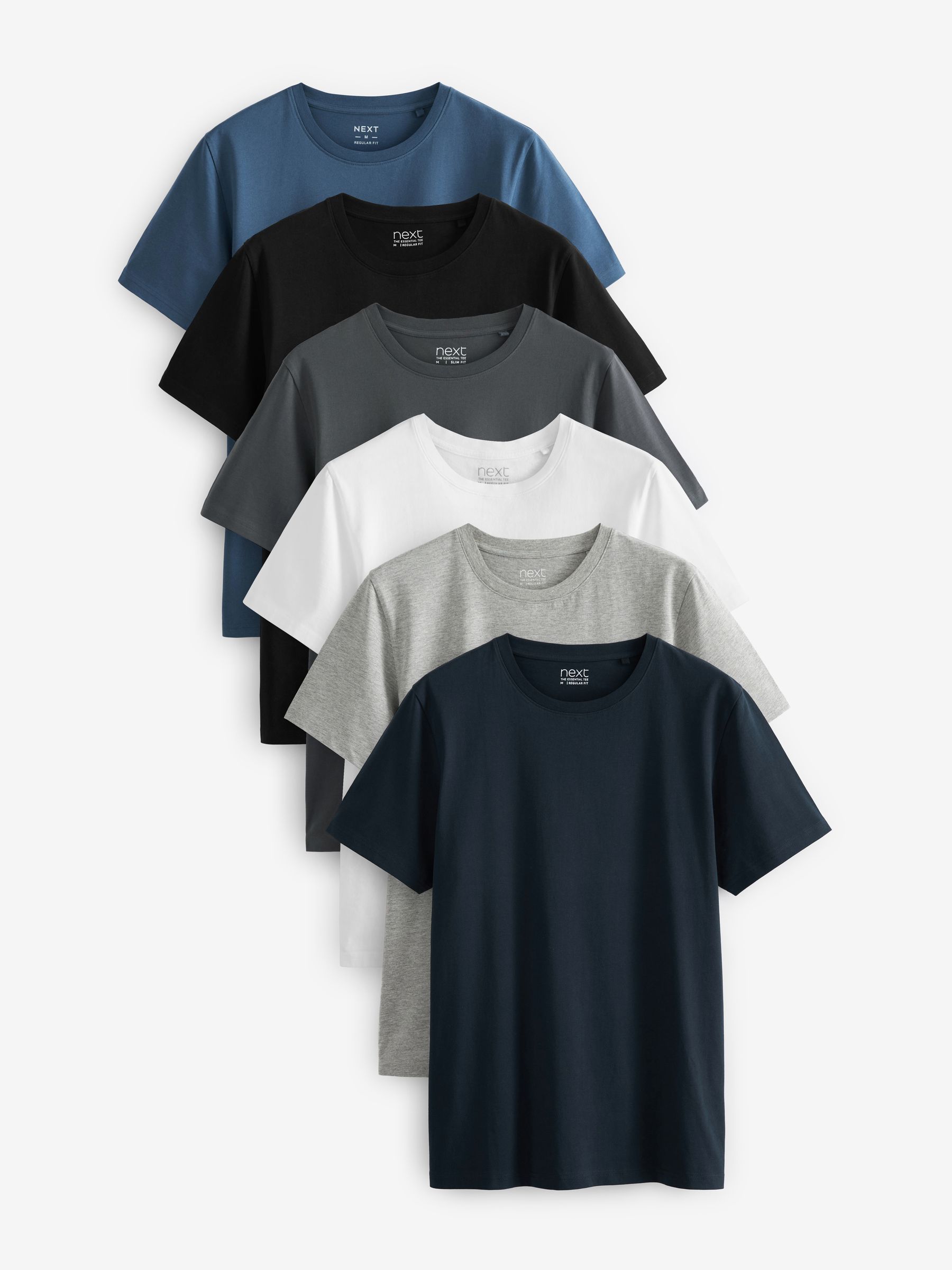 Black/ Slate/ Grey Marl/ White/ Navy/ Blue Regular Fit Essential Cotton T-Shirts 6 Pack