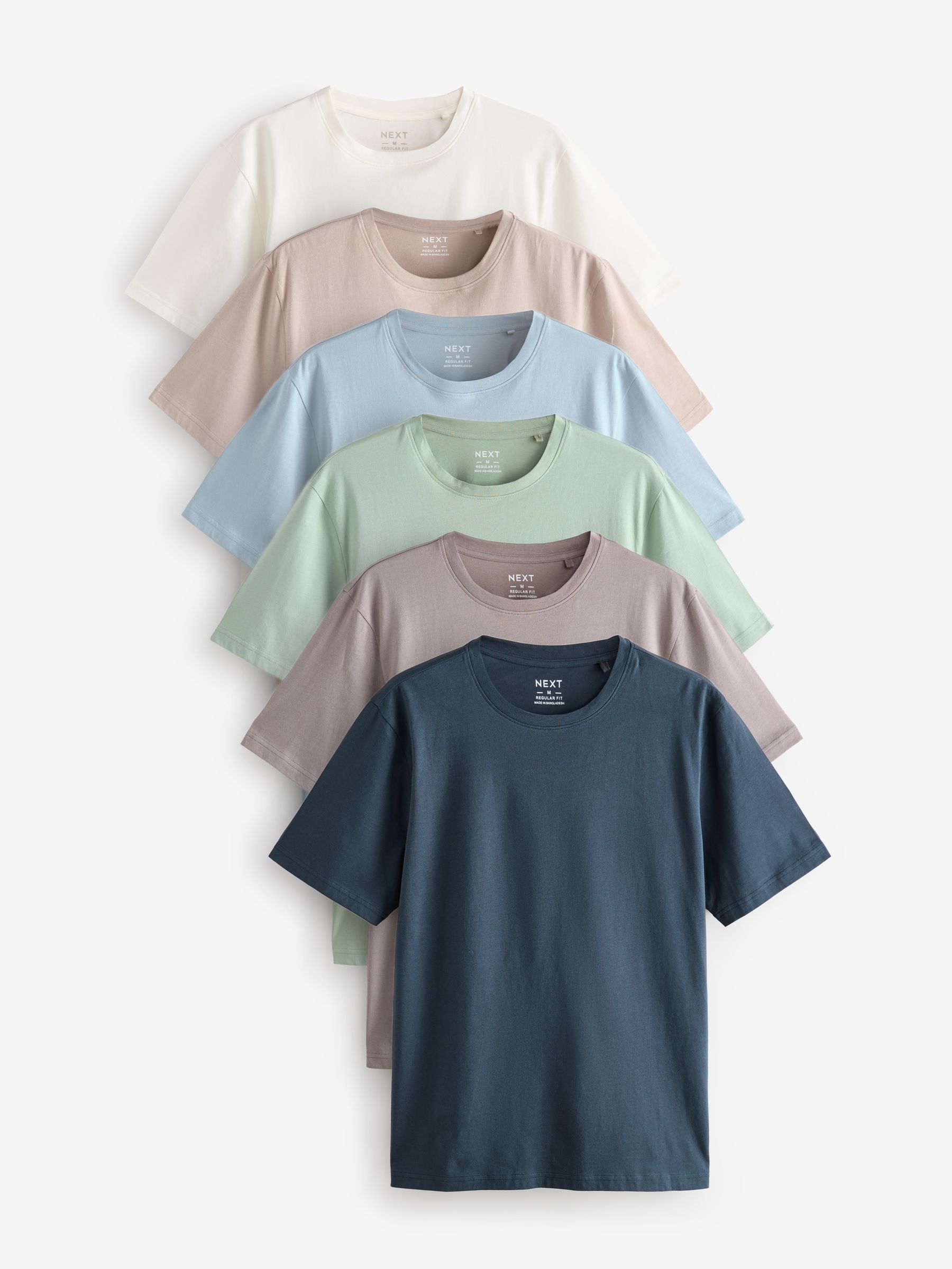 Ecru/Blue/Green/Neutral Mushroom/Grey/Stone Regular Fit Essential Cotton T-Shirts 6 Pack