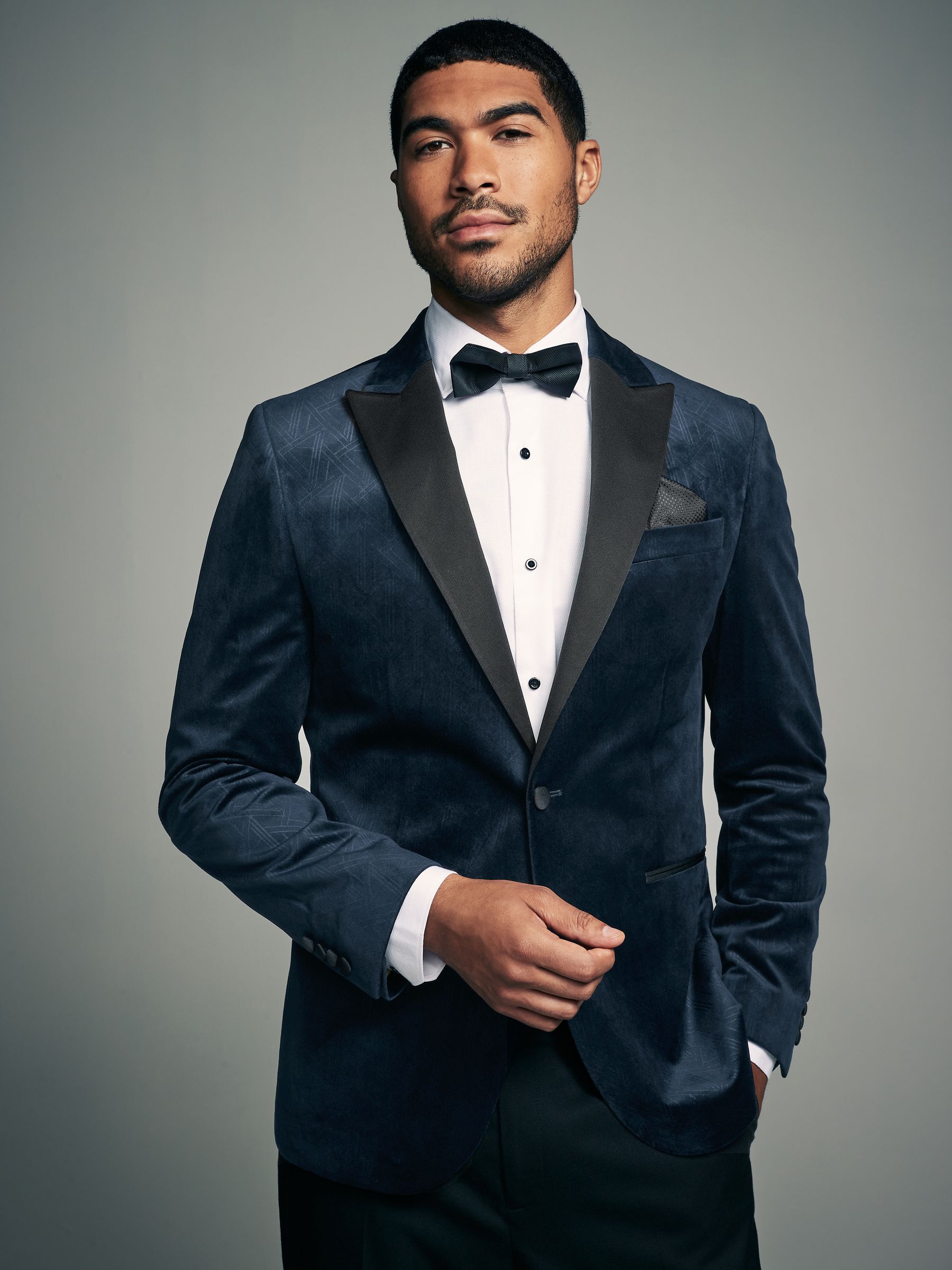 Navy Blue Patterned Velvet Blazer