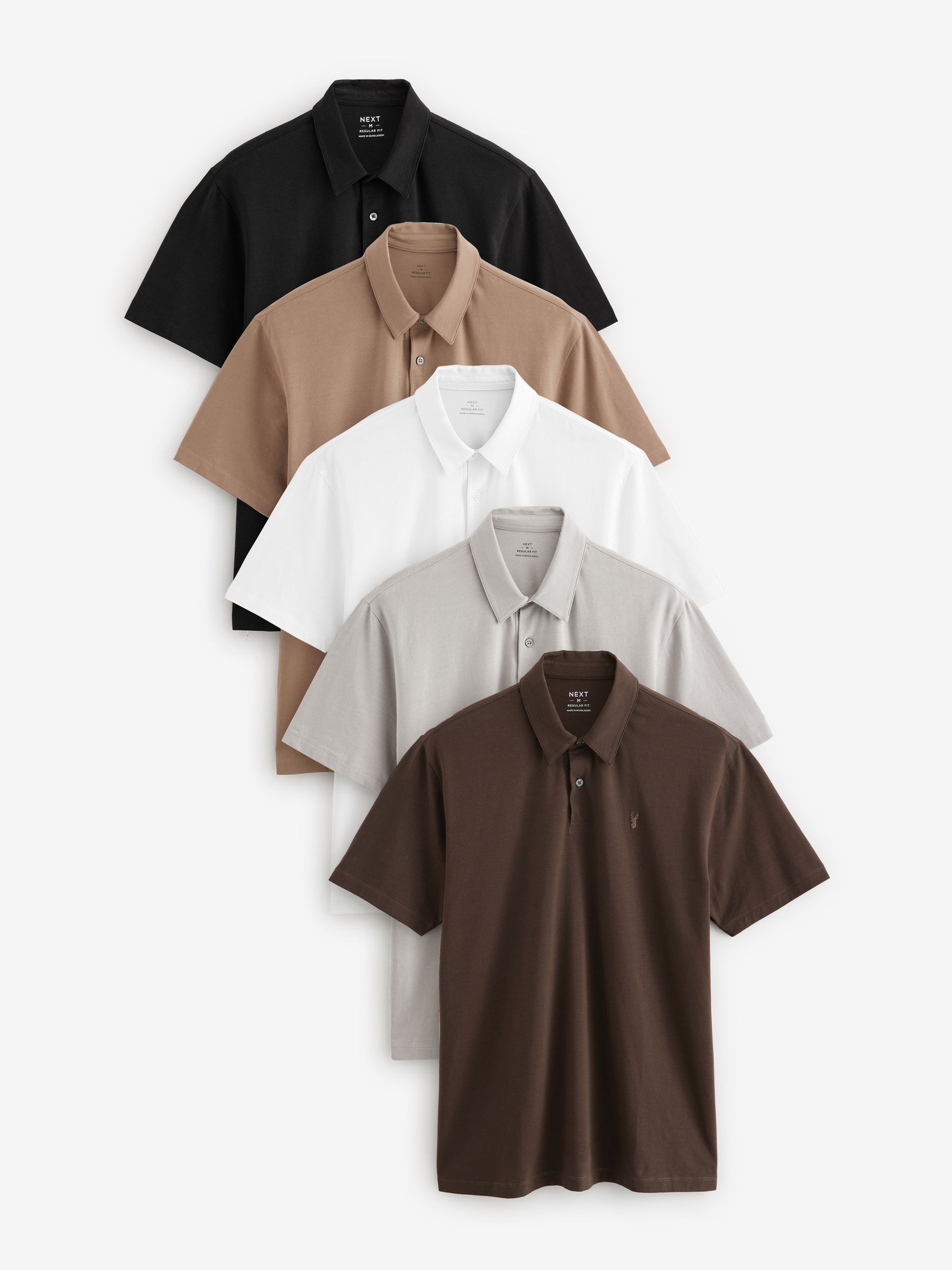 Neutral/Monochrome Regular Fit Short Sleeve Jersey Polo Shirts 5 Pack