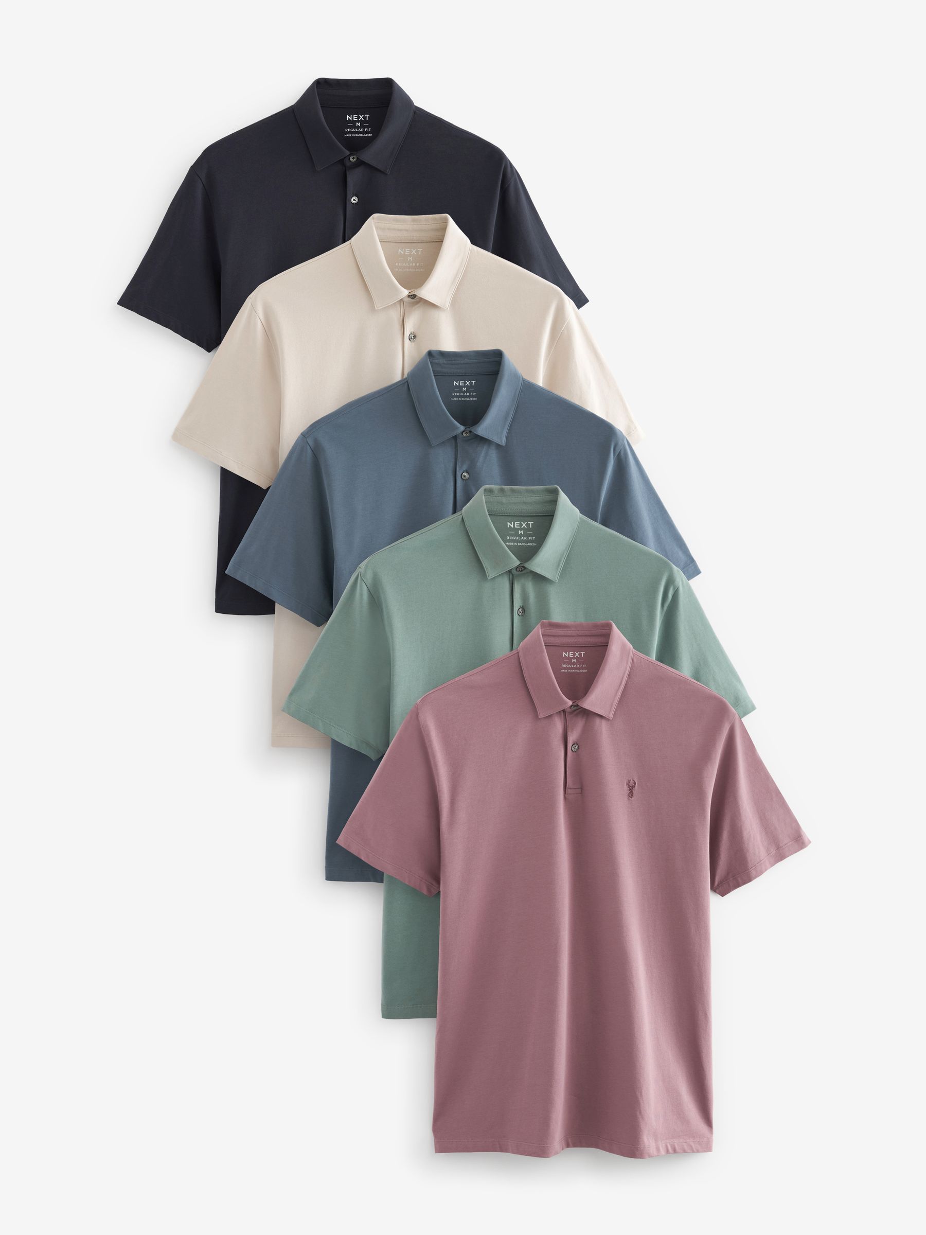 Navy/Light Neutral/Pink/Sage Green/Blue Regular Fit Short Sleeve Jersey Polo Shirts 5 Pack