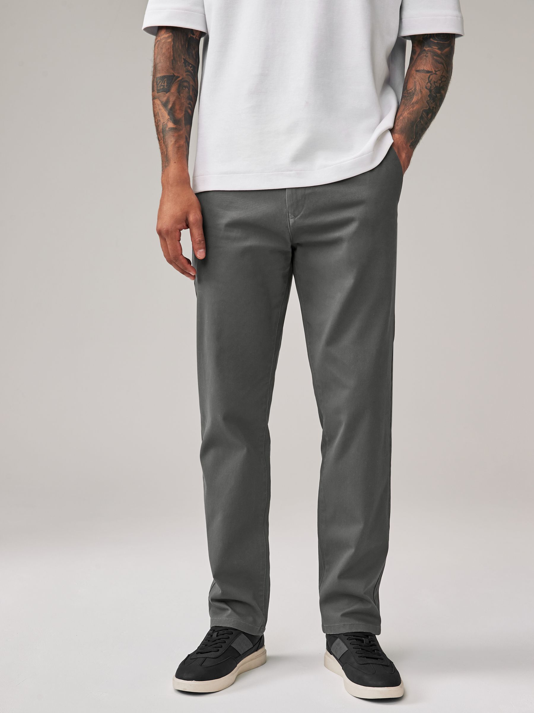 Grey Dark Straight Fit Stretch Chinos Trousers