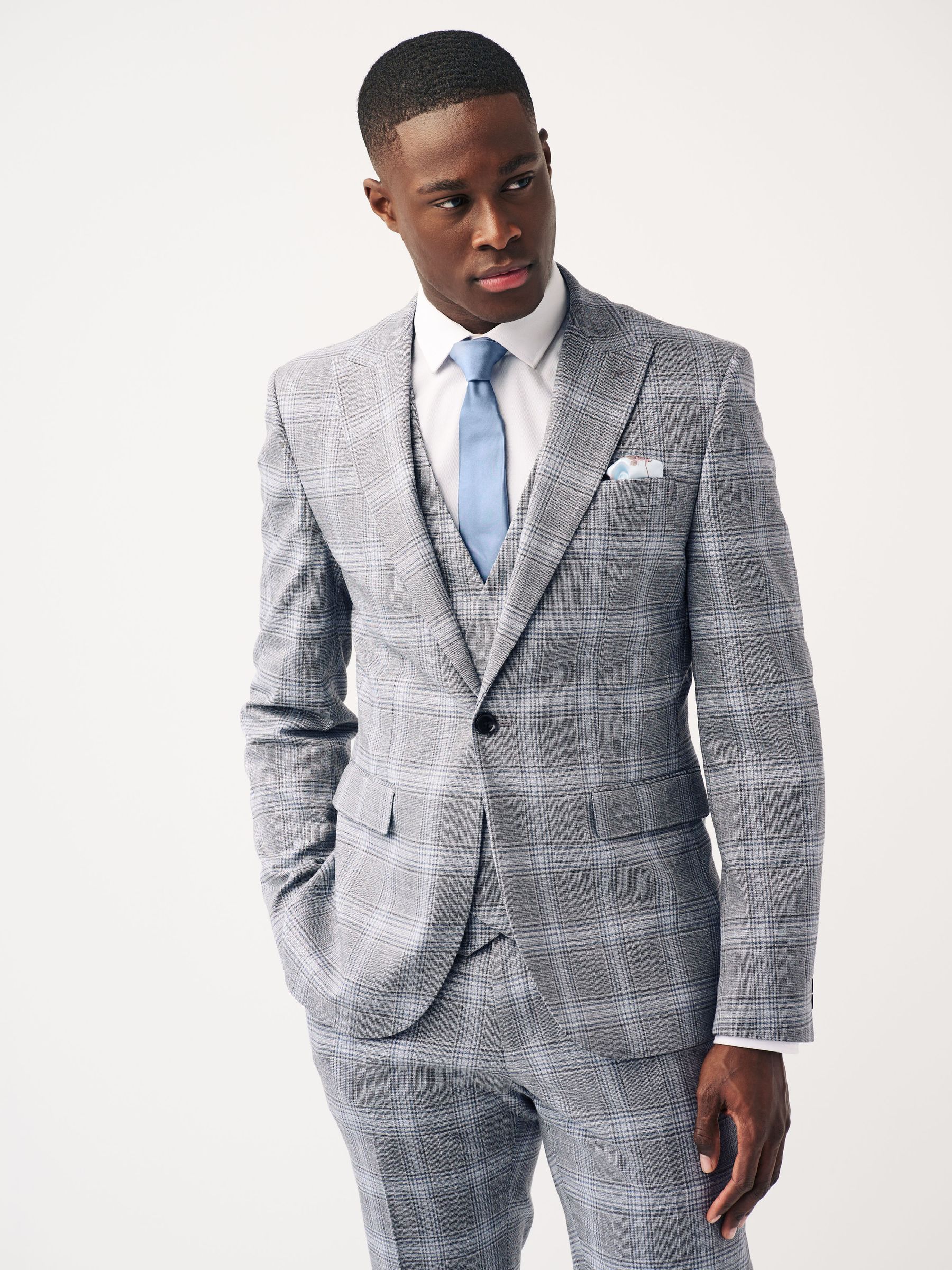 Light Grey Slim Fit Check Suit Jacket