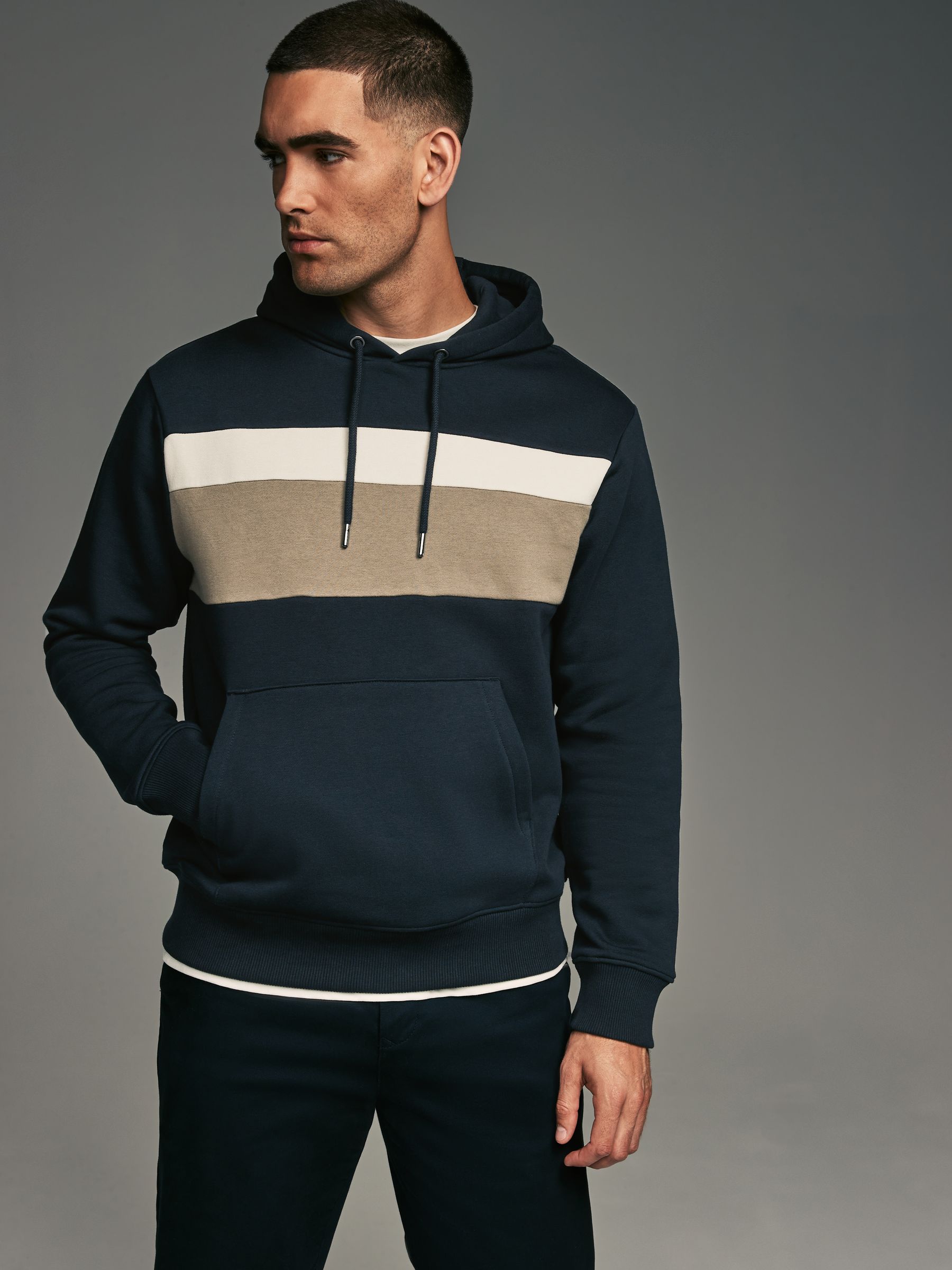 Navy Blue/White/Cream Panel Blocking Hoodie